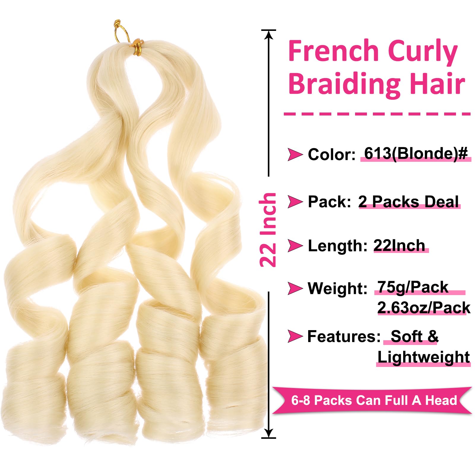 Union Beauty French Curl Braiding Hair 22 Inch Synthetic Blonde 613# (Pack of 2) - Pre Stretched Body Wavy Hair for Box Braids and Crochet
