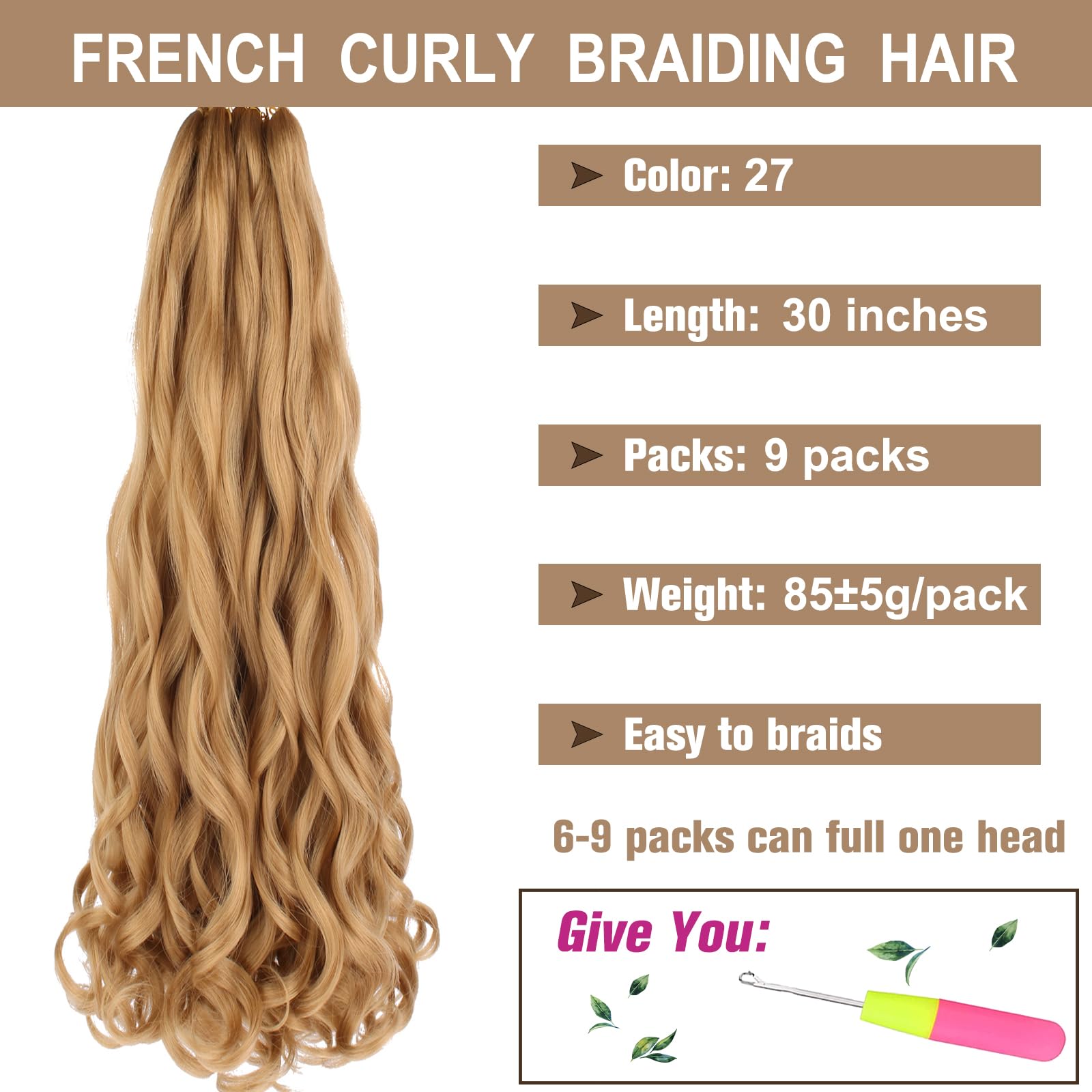 COOKOO 9 Packs 30 Inch Pre Stretched French Curly Braiding Hair Blonde 85g/pack Easy Braid Crochet Hair Big Wavy Braiding Hair E