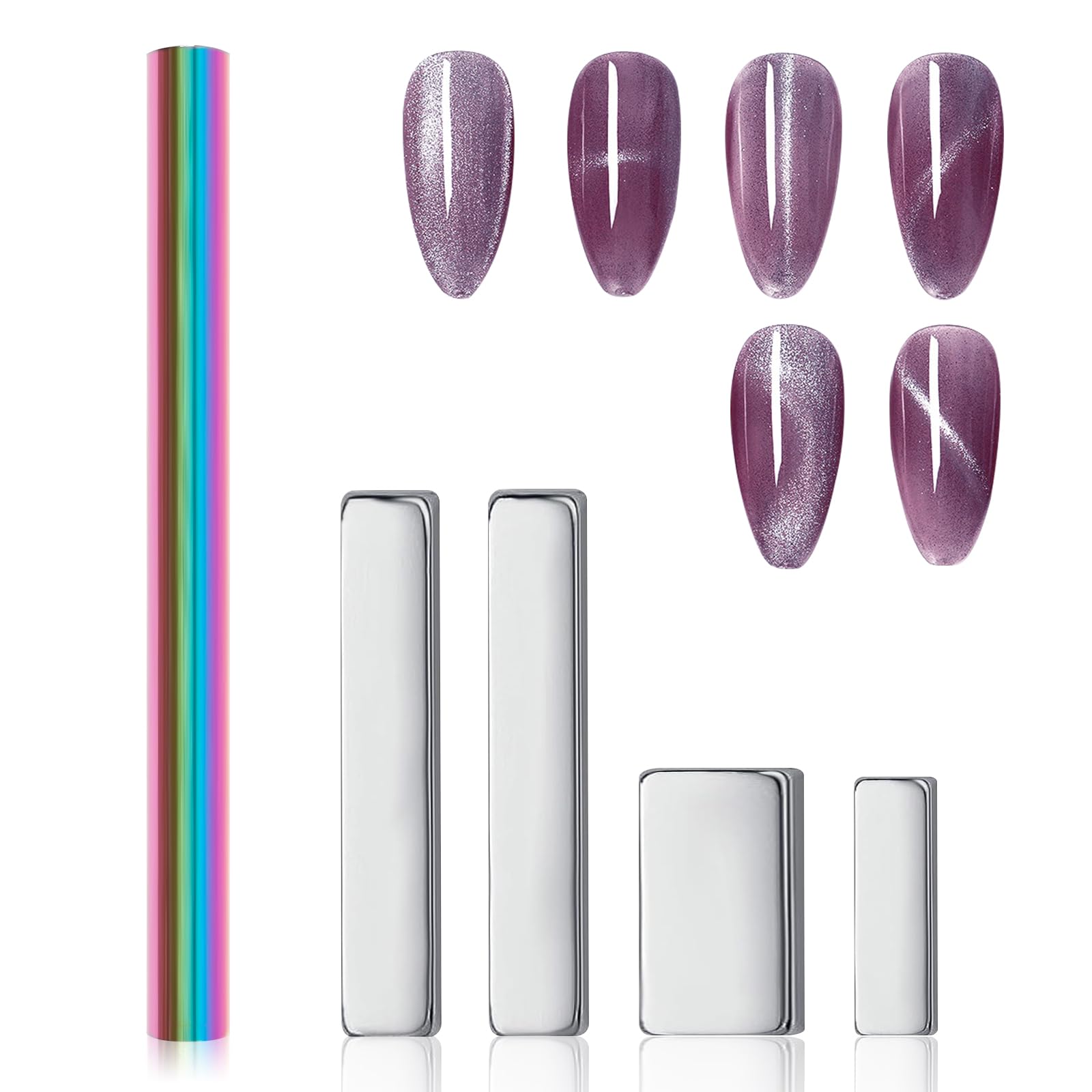 Heemeei Cat Eye Magnet For Nails, 5 Pcs Double Ended Cylindrical Strong Nail Magnet Set, Magnet Stick For 3D Cat Eye Gel Polish,