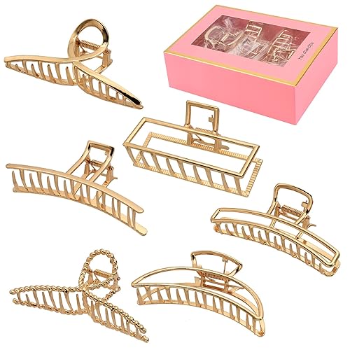 LUKACY 6 Pack Large Metal Hair Claw Clips - 4 Inch Gold Jaw Hair Accessories for Thick & Thin Hair, Strong Hold, Fashionable Styling