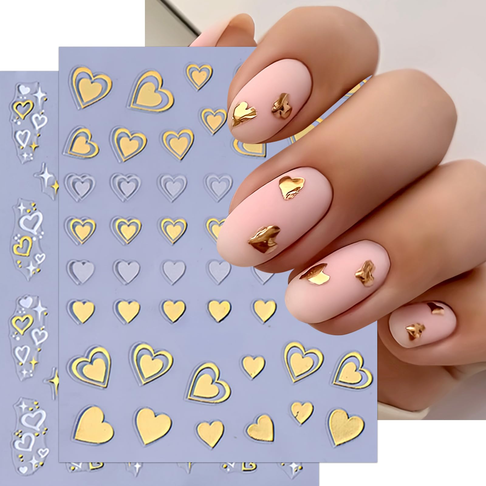 8 Sheets Heart Nail Stickers Valentine'S Day Nail Art Stickers Love Hearts Nail Decals 3D Self-Adhesive Gold Black White Love He