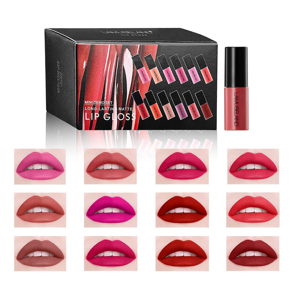 LAMUSELAND Wholesale 12Pcs Travel Suit Waterproof Long Lasting Matte Lip Gloss Sample Size Liquid Lipstick Makeup Set