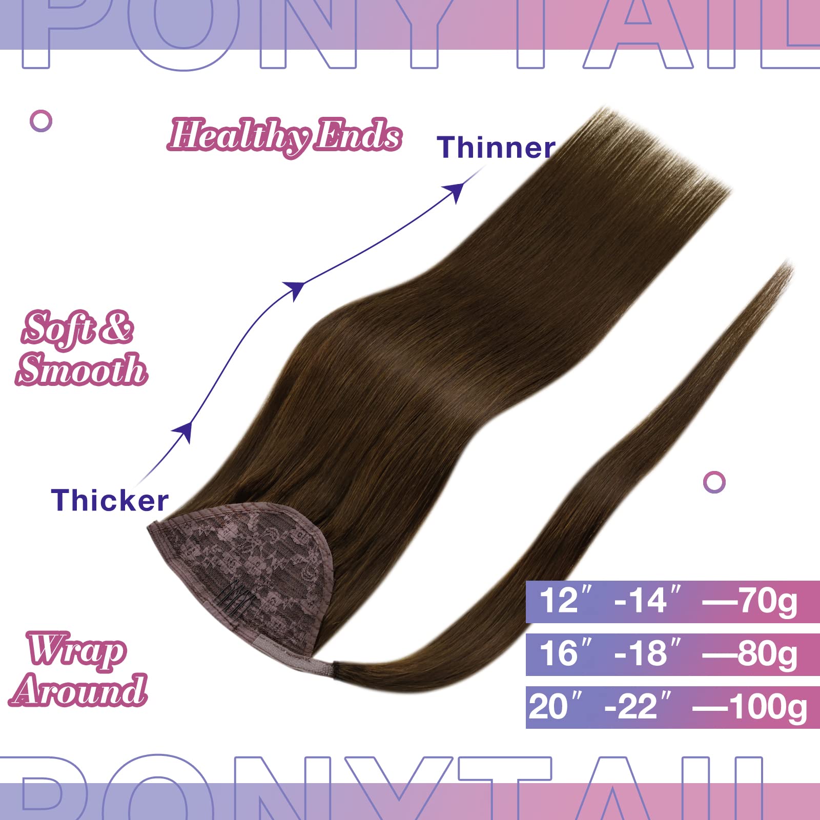 Hetto Natural Brown Human Hair Ponytail Extensions #4 Chocolate Brown Clip in Ponytail Hair Extensions Remy Hair 16 Inch 80g Str
