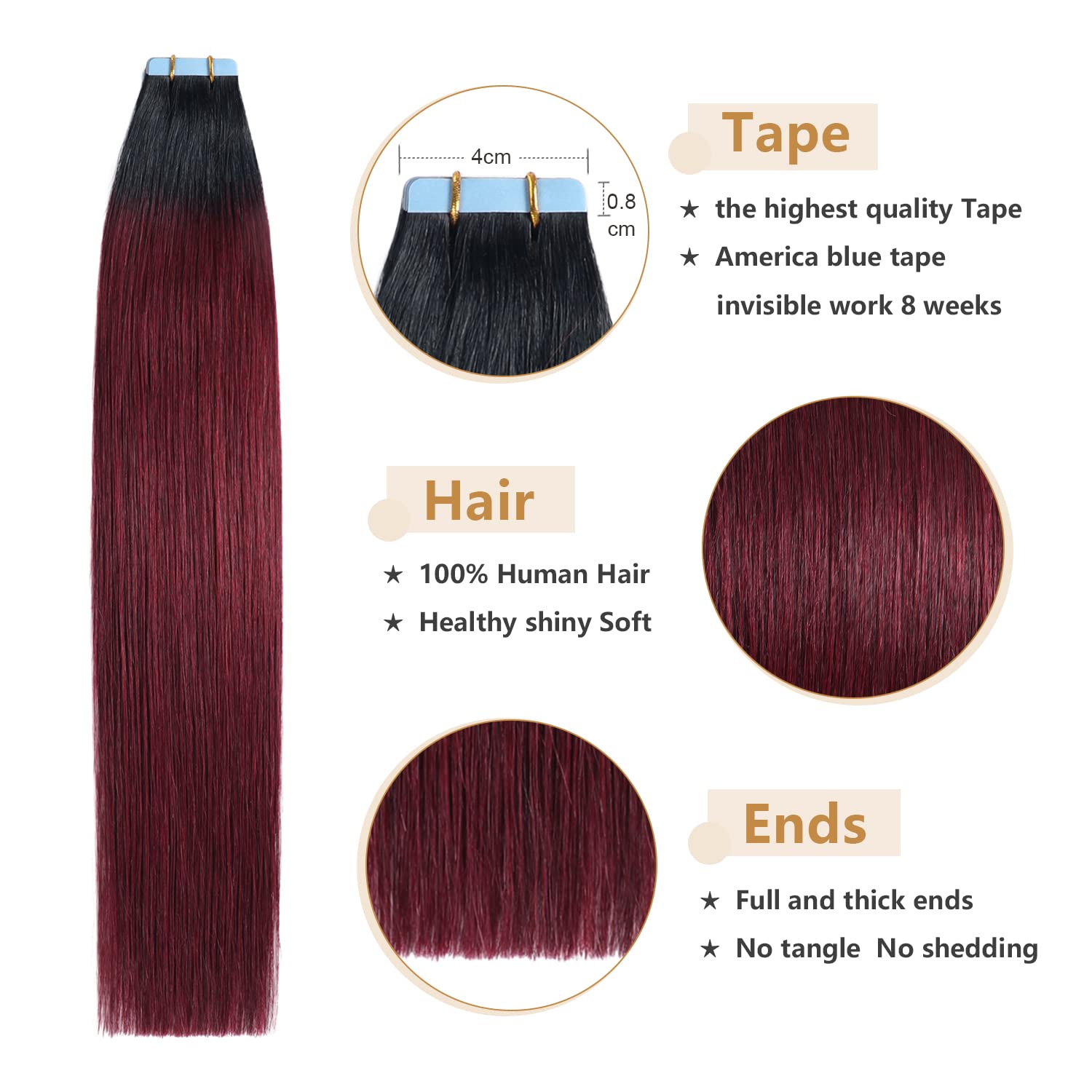 18Inch Ombre T1/99J Tape In Hair Extensions Human Hair Jet Black To Red Ombre 20Pcs 50G Tape In Hair Extensions Human Hair, Natu