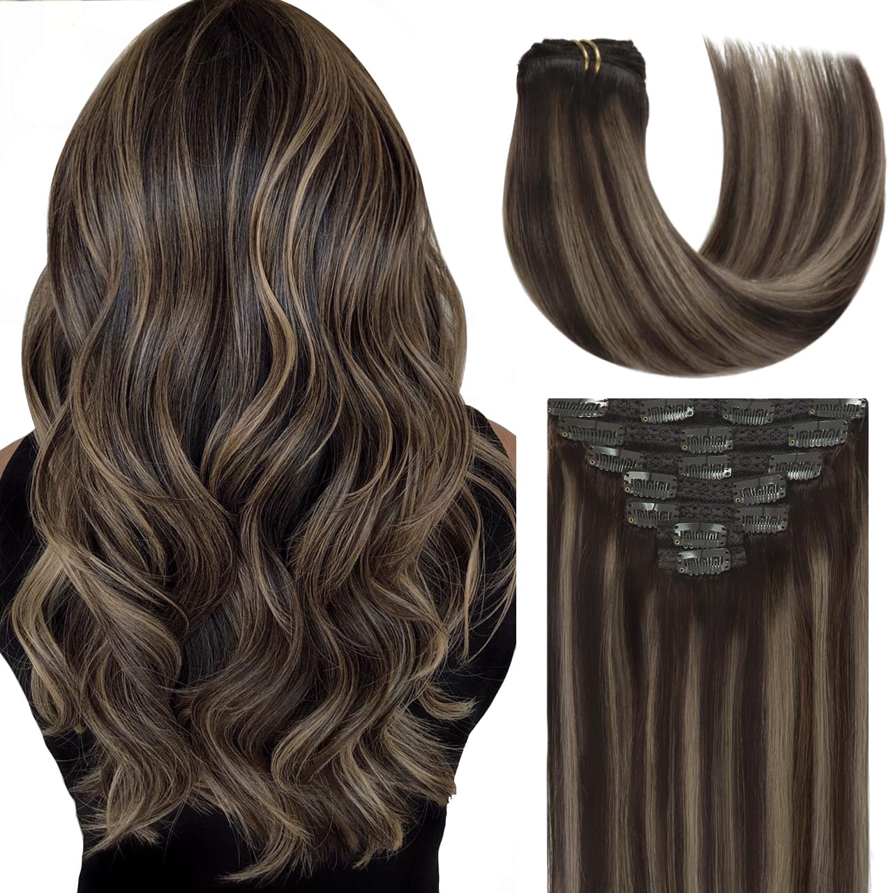 Lacer 140g 20 Inch Clip In Human Hair Extensions Thick Double Weft 7pcs with 16 Clips Chestnut Brown Mixed Dark Brown with Dark 