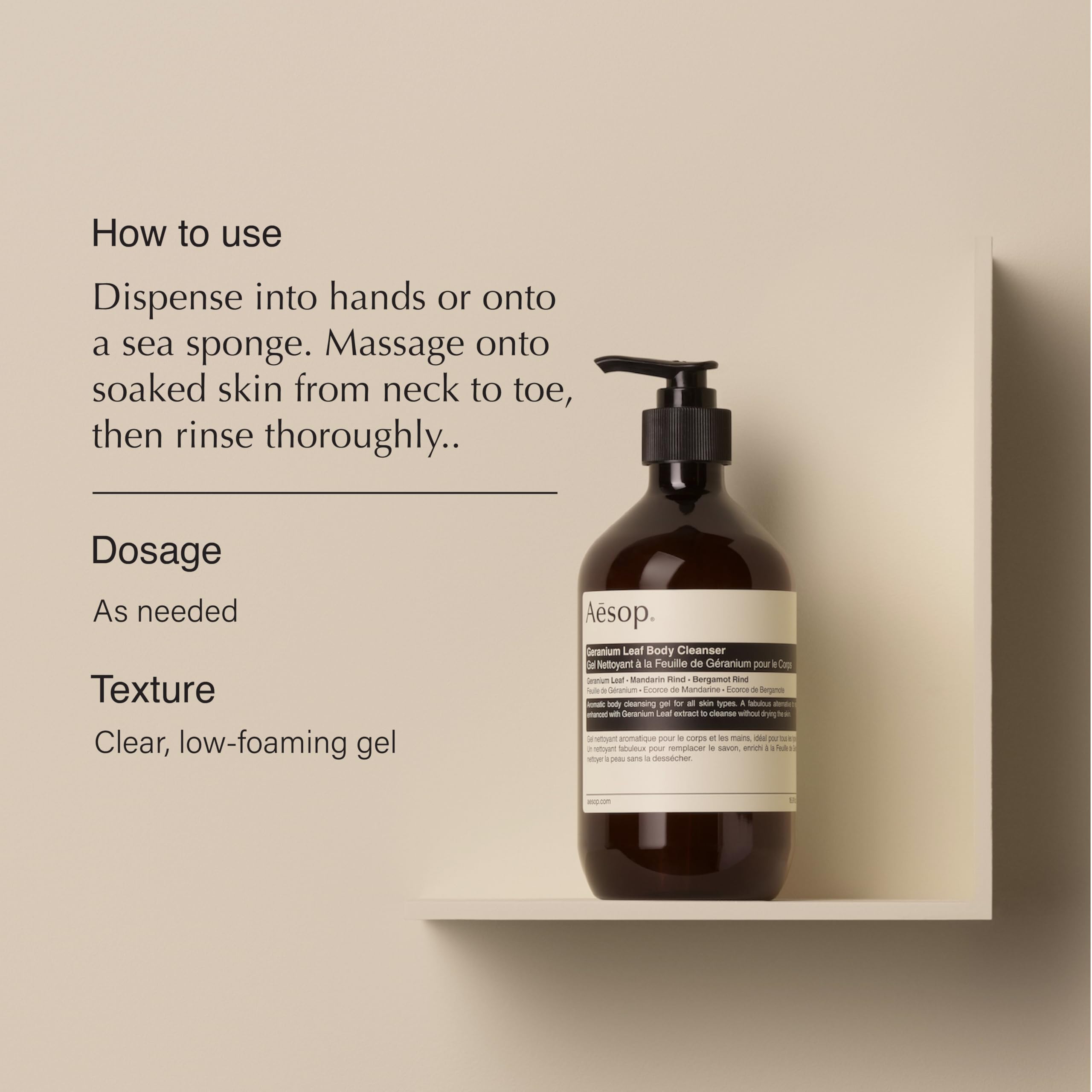 Aesop Geranium Leaf Body Cleanser | Non-drying Gentle Cleanser | Geranium Leaf, Mandarin Rind, Bergamot Rind | 16.9 oz / 500mL (