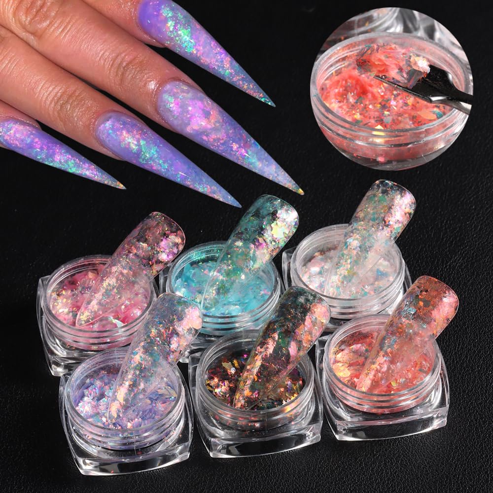 Holographic Iridescent Nail Art Glitter Flakes, 6 Colors Sparkly Ultra-Thin Aurora Foil Nail Art Flakes Designs, Opal Powder Nai