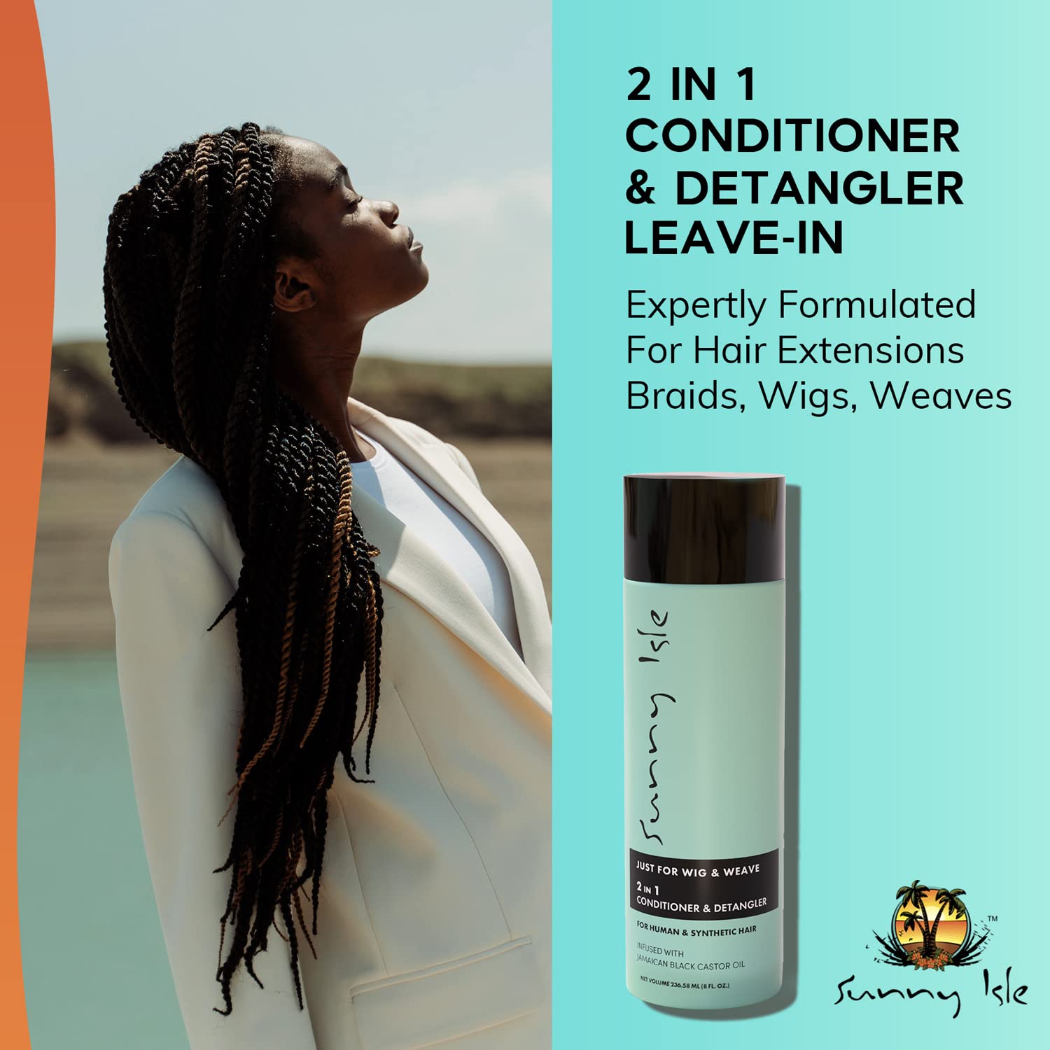Sunny Isle Just for Wig, Weave, Braid, & Extensions 2N1 Conditioner and Detangler 8oz | For Synthetic & Natural Hair | Aloe Vera