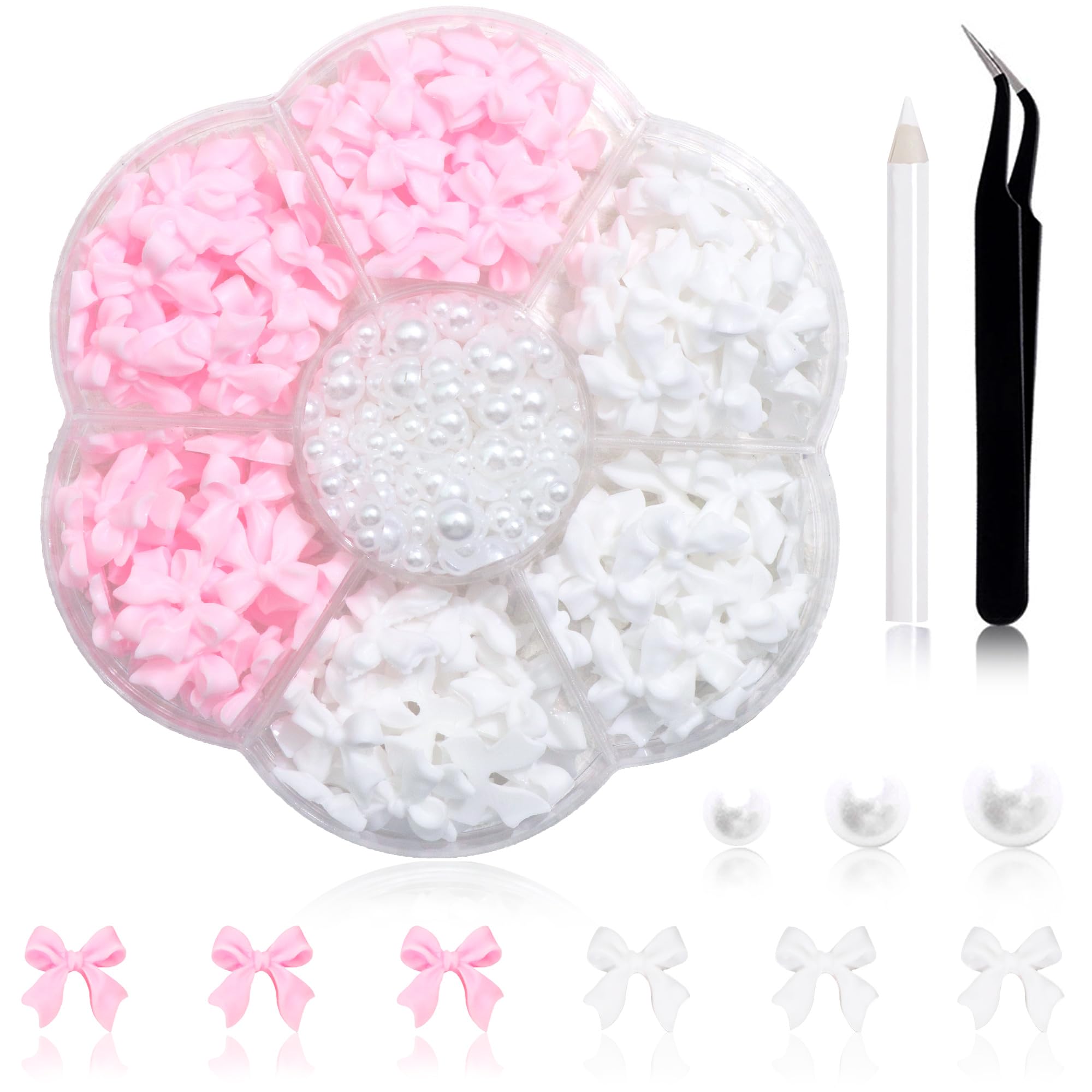 300Pcs Bow Nail Charms and Flatback Pearls,Pink White Bowknot 3D Cute Nail Charms for Acrylic Nail Supplies Design,3-5mm White H