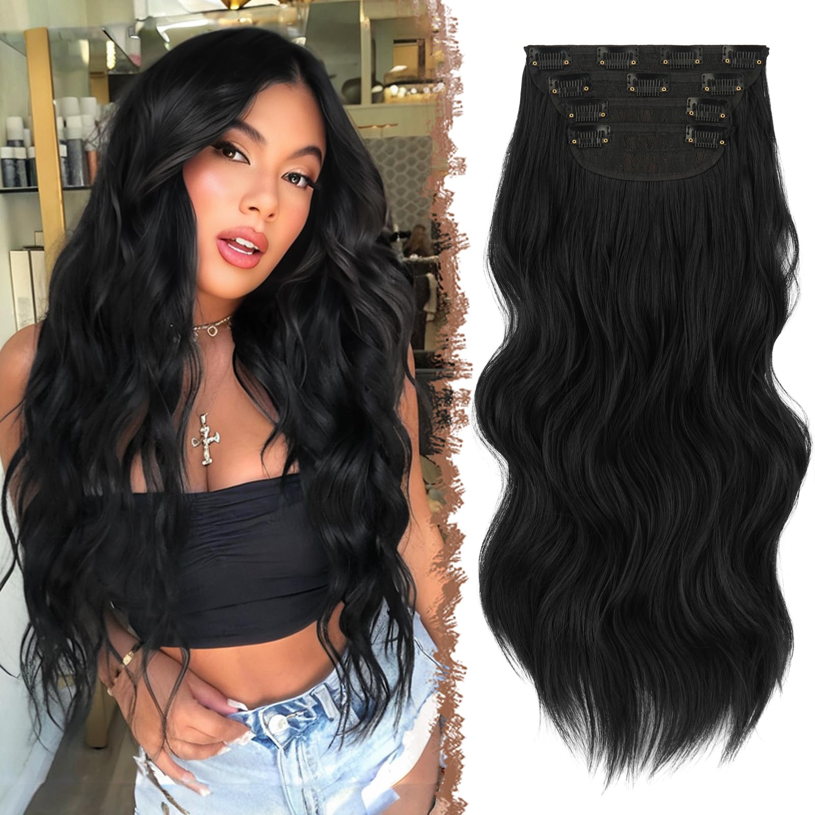 FESHFEN Clip in Hair Extensions - 4 PCS Long Wavy Thick Clip in Hairpieces Full Head Natural Soft Synthetic Hair Extension for W