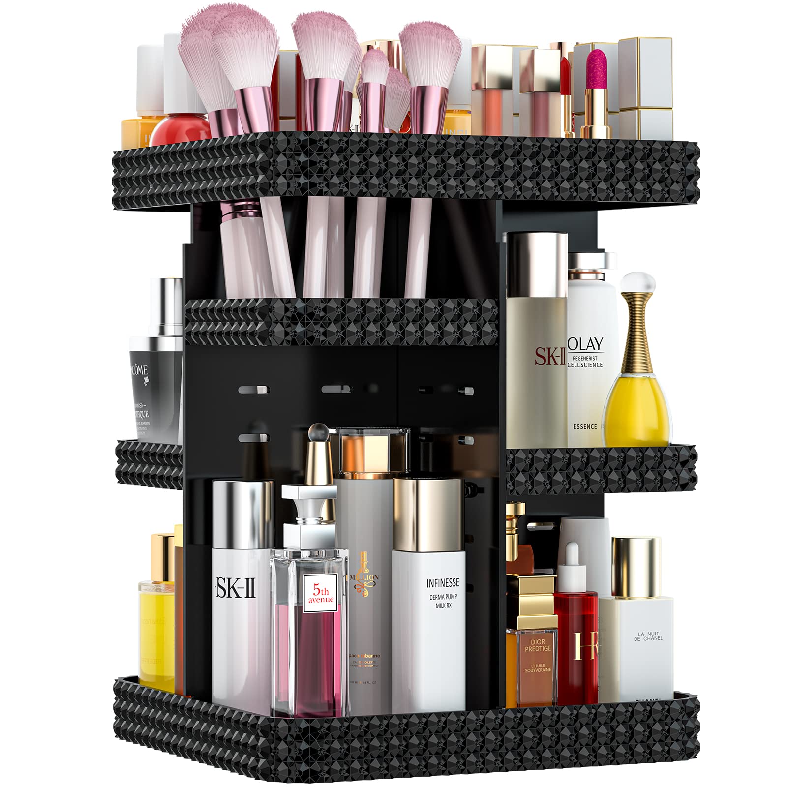 Bocony Rotating Makeup Organizer, Large Capacity Cosmetic Display Case, Acrylic Skincare Organizer With Brush Holder, Makeup Sto