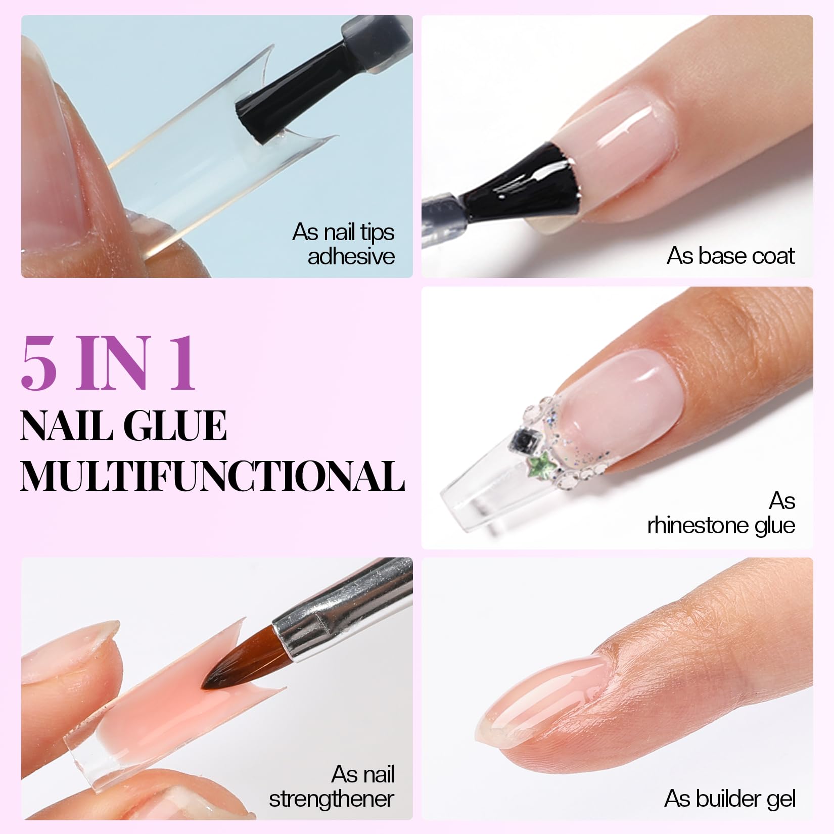 Morovan 5 In 1 Gel And No-Wipe Top Coat: Nail Glue Gel For Nail Tips Clear And Acrylic Nails Base Gel Long-Lasting Clear Glossy