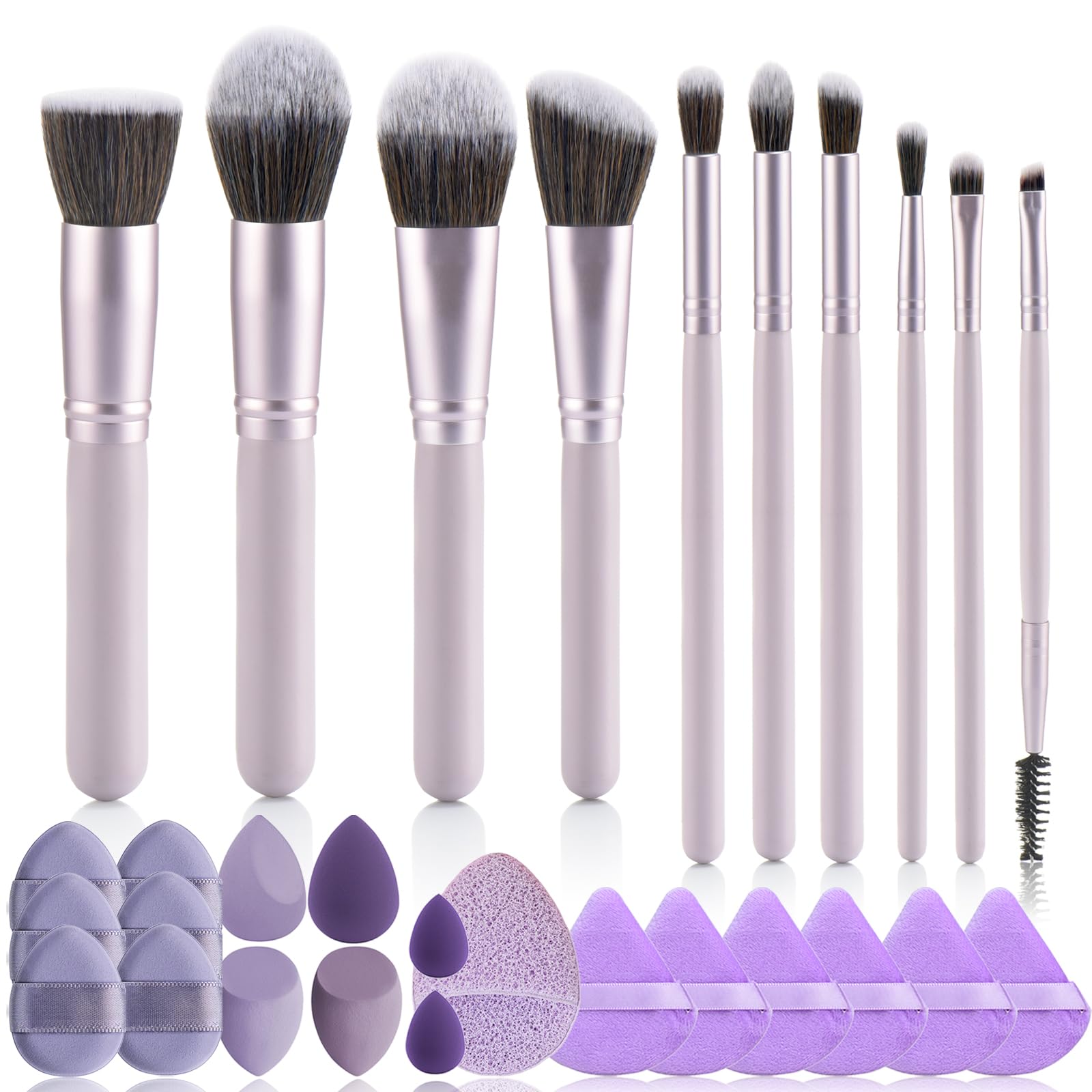 29Pcs Makeup Tool Set Includes: Wooden Handle 10Pcs Kabuki Makeup Brush set 18Pcs Makeup Sponges Suitable for makeup artists and