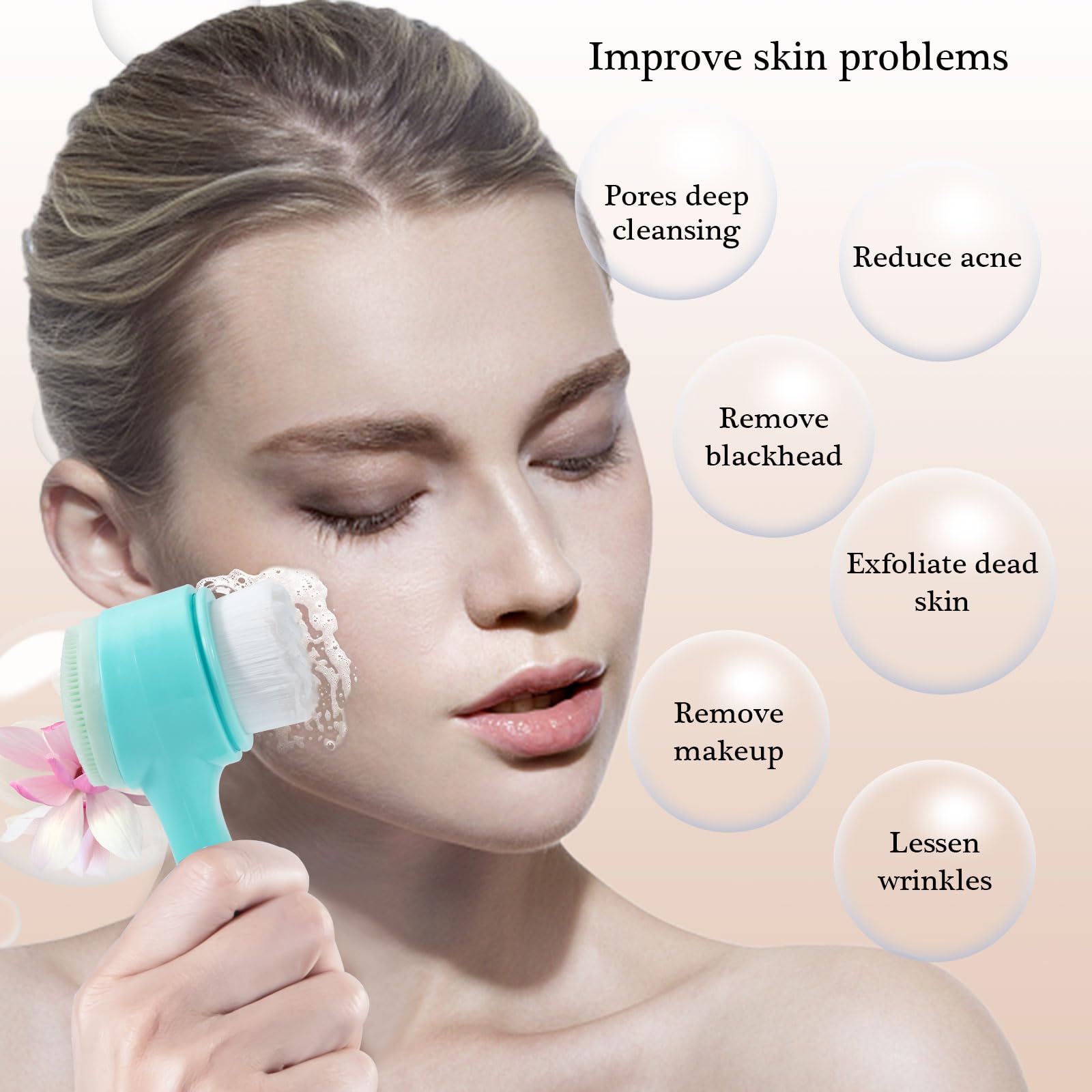 Beomeen Face Brush 2 In 1, Silicone Facial Cleansing Exfoliating Brush Soft Bristles Pore Deep Cleansing Manual Dual Face Wash S