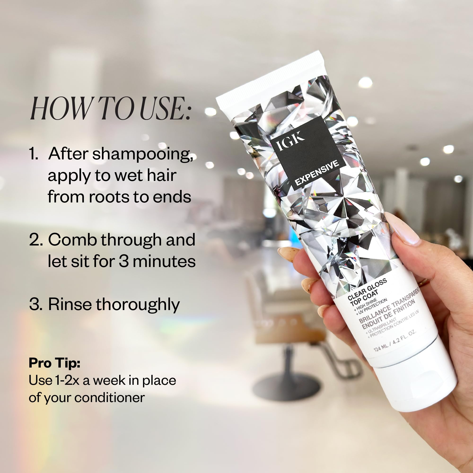 IGK EXPENSIVE Clear Gloss Top Coat - 4.2 Oz, Shine & Strengthen, Vegan & Cruelty Free, Clear Finish for Smooth Hair