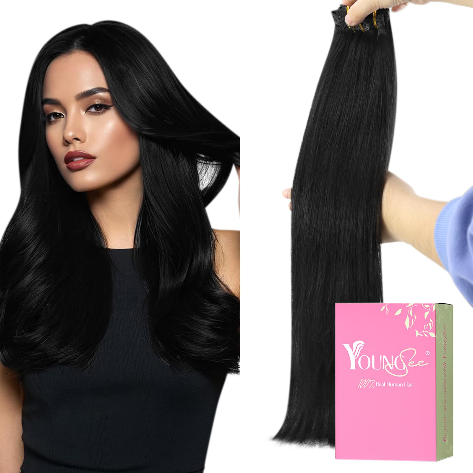 YoungSee 135G Clips in Hair Extensions Black Clip in Human Hair Extension Jet Black for Women No Sense of Disobedience 16Inch 7P