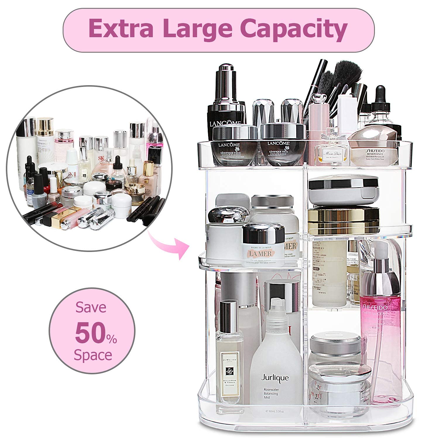 Boxalls Makeup Organizer 360 Degree Rotating Storage, Multi-Function Clear Carousel Cosmetic Organizer With 5 Layers Large Capac