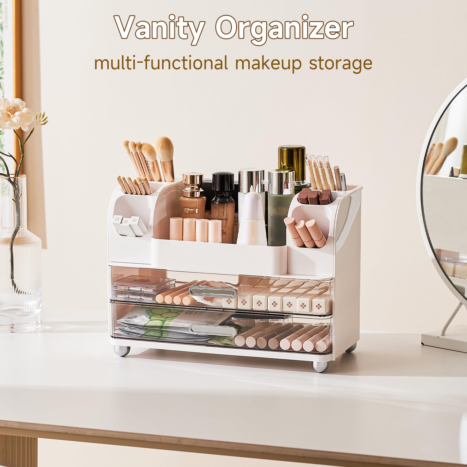 UFORU Makeup Organizer for Vanity with 2 Large Drawers, Cosmetic Display Case with Brush Holders, Easy to Storage for Bathroom C