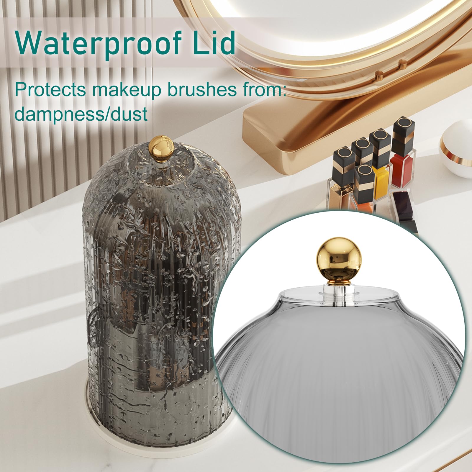 Gaxmi Makeup Brush Holder With Lid Cosmetic Tools Organizer 360 Rotating Waterproof Dustproof Makeup Brushes Storage For Vanity,