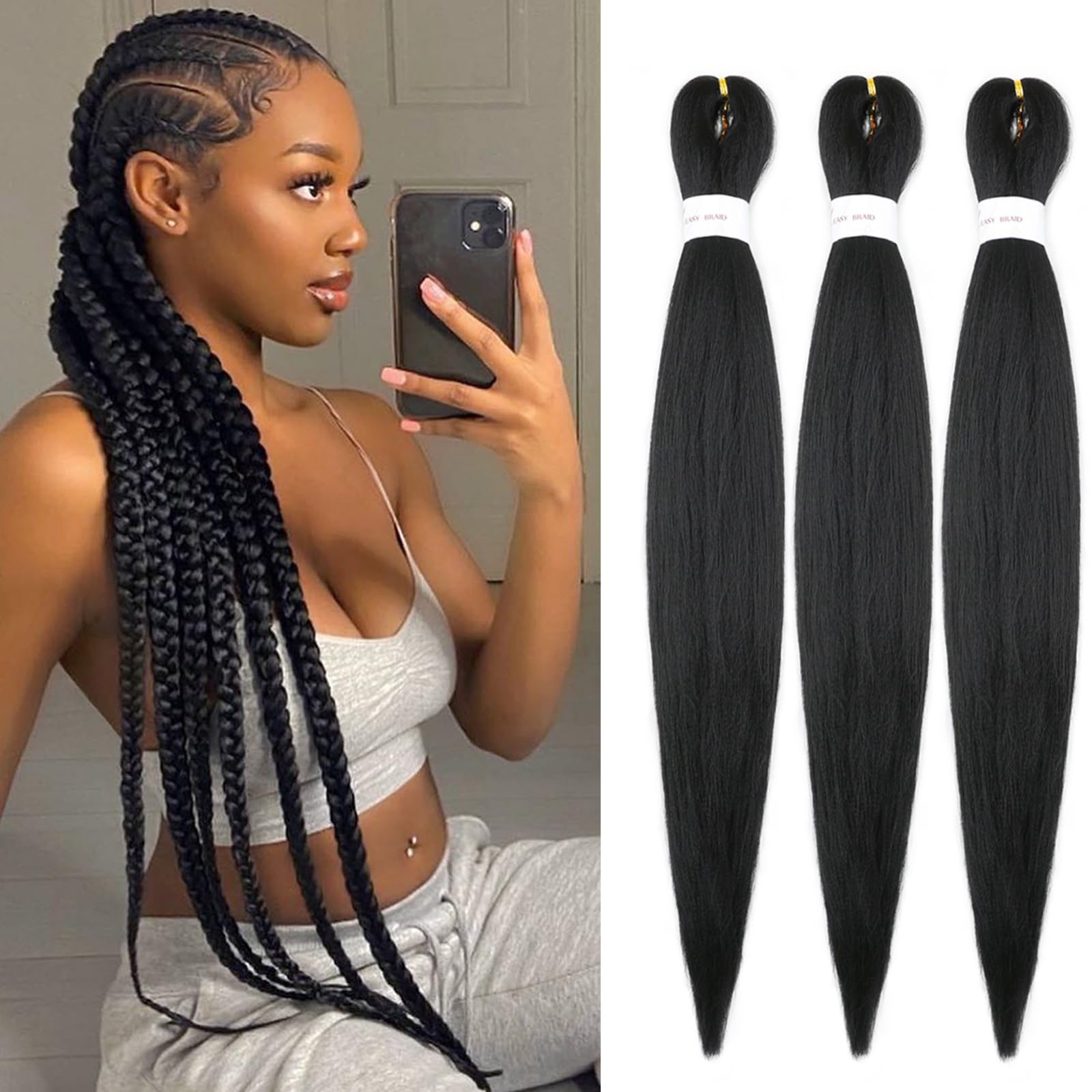 Iximii Black Pre Stretched Braiding Hair 26 Inch 3 Packs #1B Prestretched Kanekalon Hair Soft Long Straight Synthetic Braids Yak