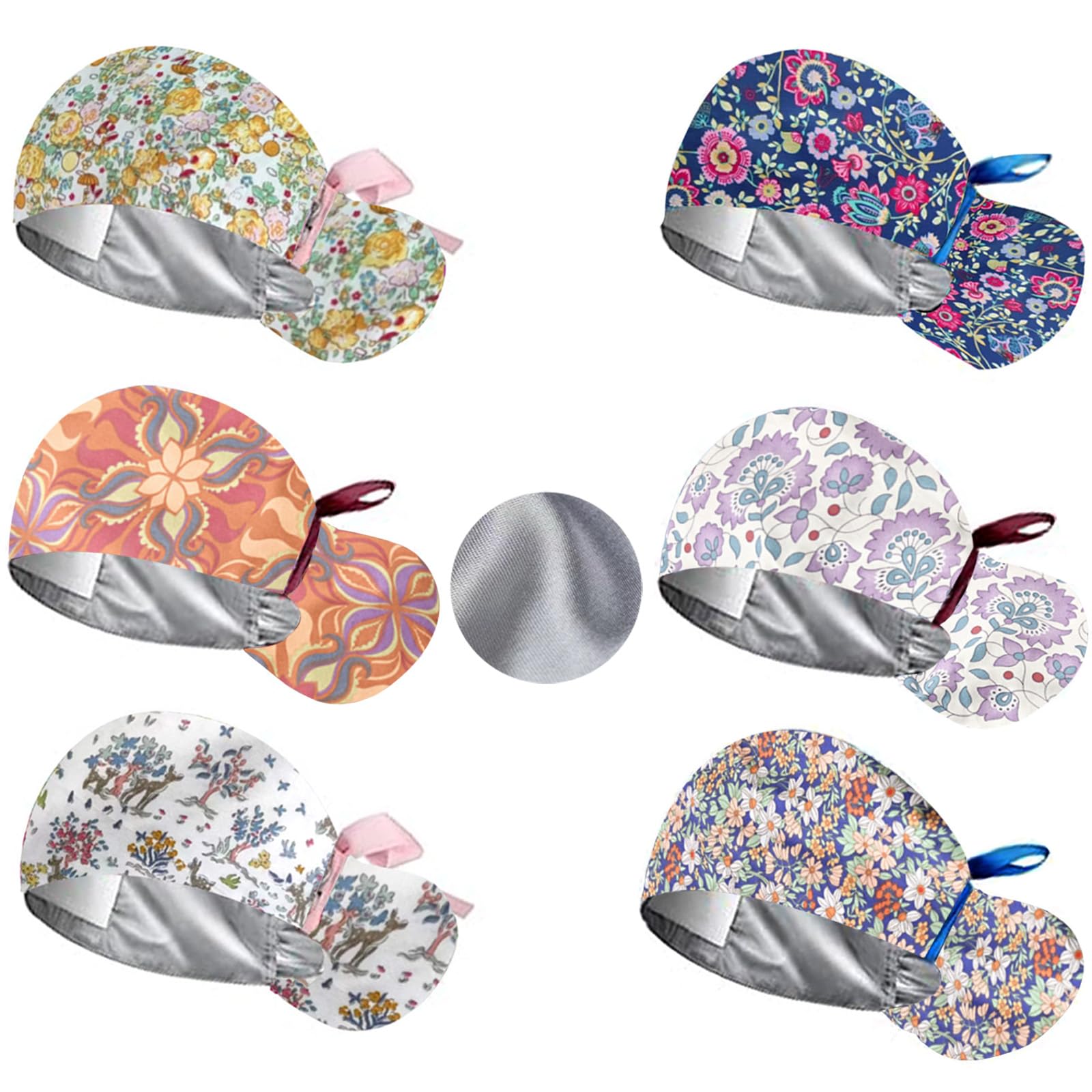 6Pcs Satin Lined Scrub Caps Women Ponytail, Adjustable Nurse Cap for Women