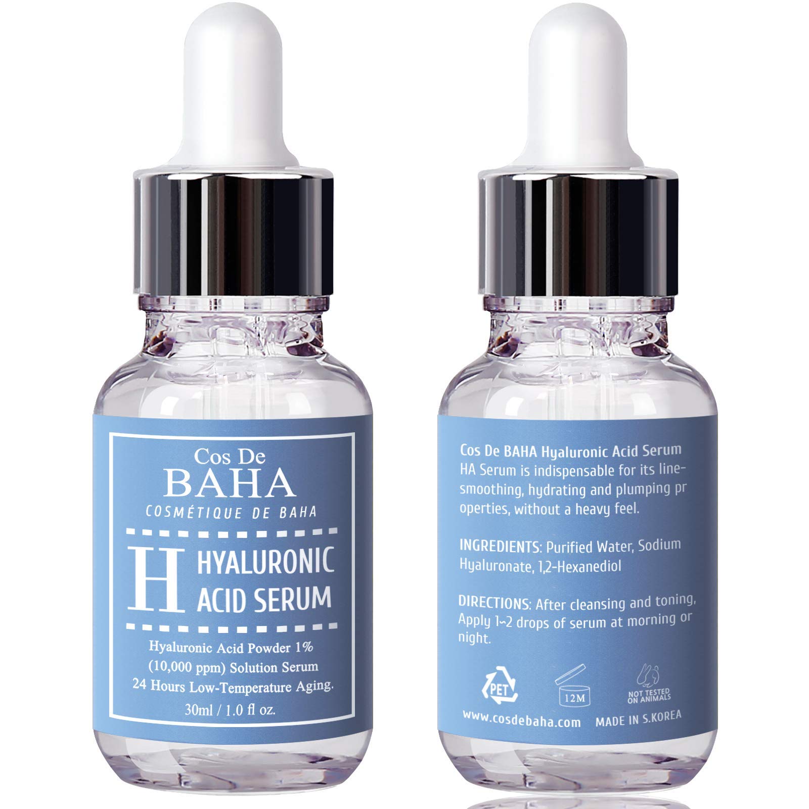 Cos De Baha Pure Hyaluronic Acid Serum - Anti Aging Moisturizer, Natural Collagen Plumping Booster, Anti Wrinkle Formula, Drop O