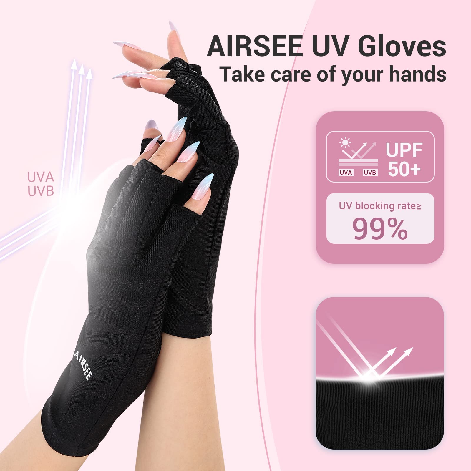 Airsee Uv Gloves For Nail Lamp,Professional Upf50+ Uv Protection Gloves For Manicures Nail Art,Fingerless Gloves That Shield Ski