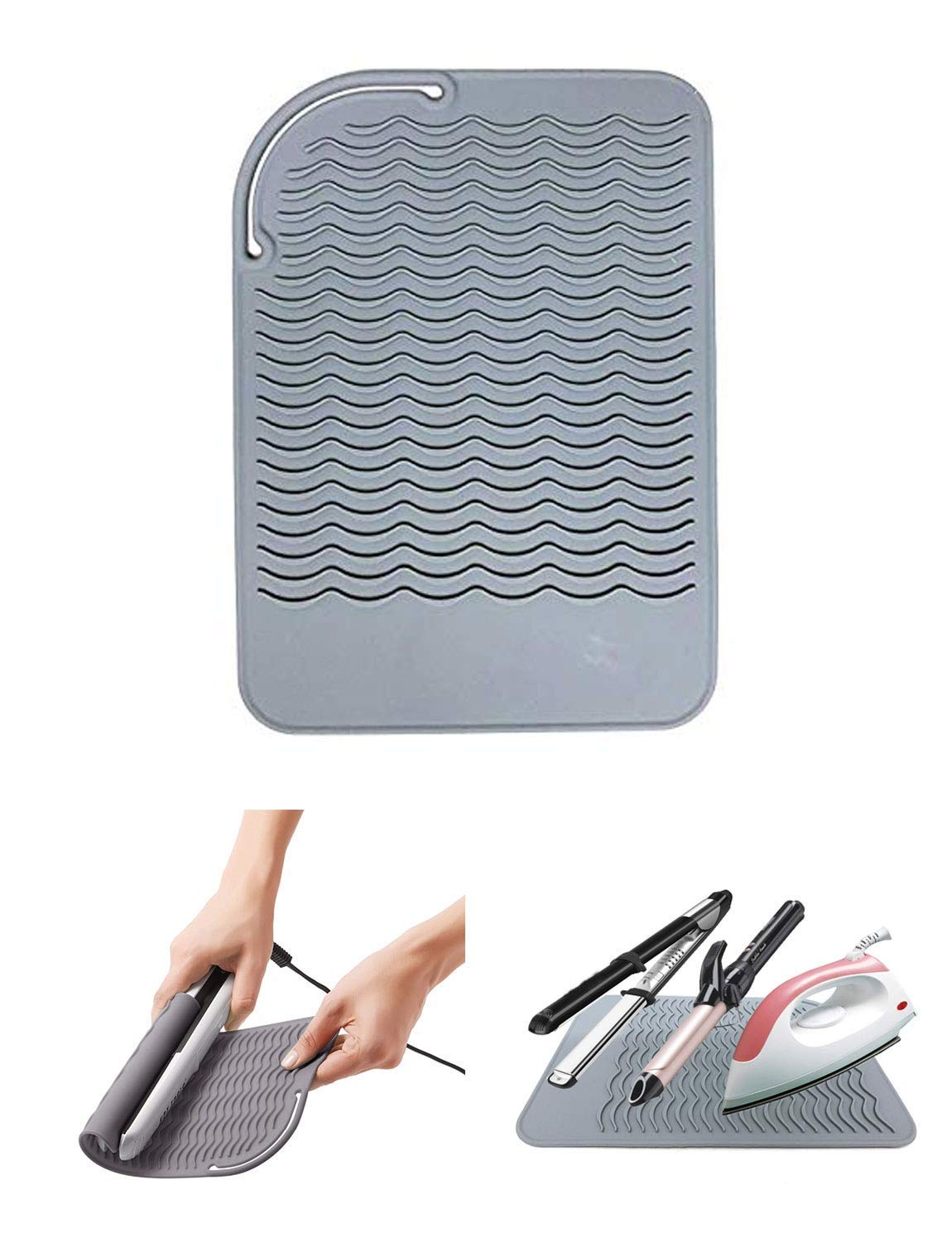 Heat Resistant Glove With Silicone Bump Mat For Curling Iron, Hair Straightener, Flat Irons - 9 X 6.5 Food Grade Mat, Grey