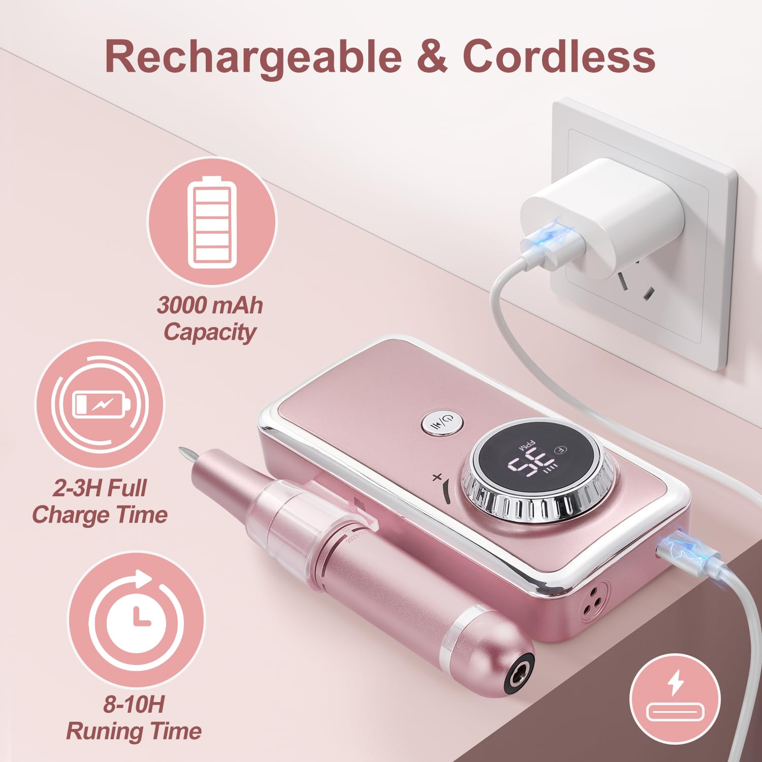 Electric Nail Drill Professional, 35000Rpm Portable Efile Nail Drill With 11Pcs Nail Drill Bits, Rechargeable Nail Drill Machine