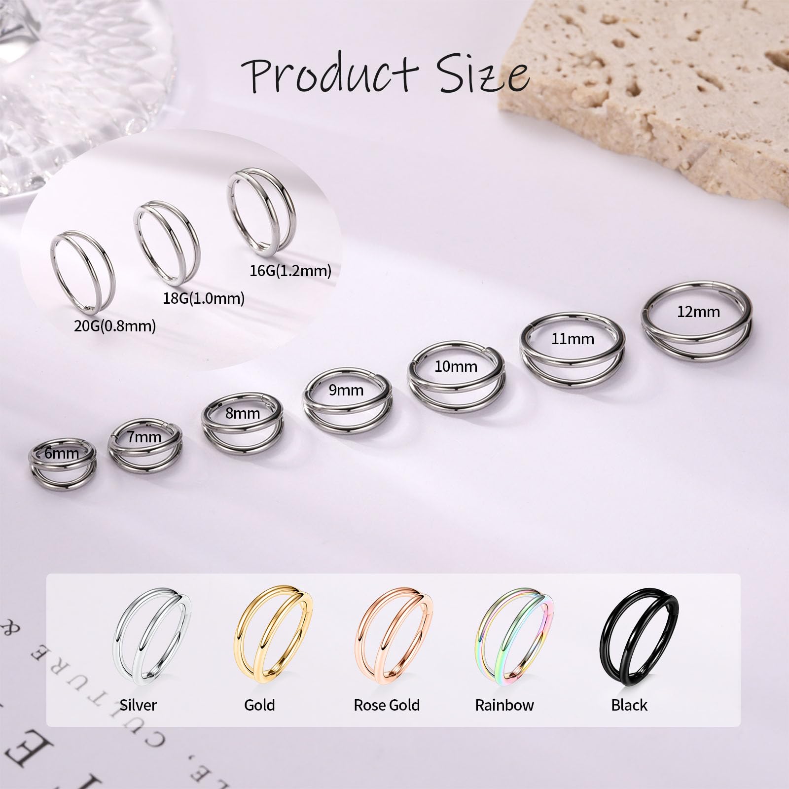 PEAKLINK 18G Conch Cartilage Earrings Double Open Stacked Septum Rings 316L Surgical Steel Septum Nose Rings Hoops 10mm Lobe Uni