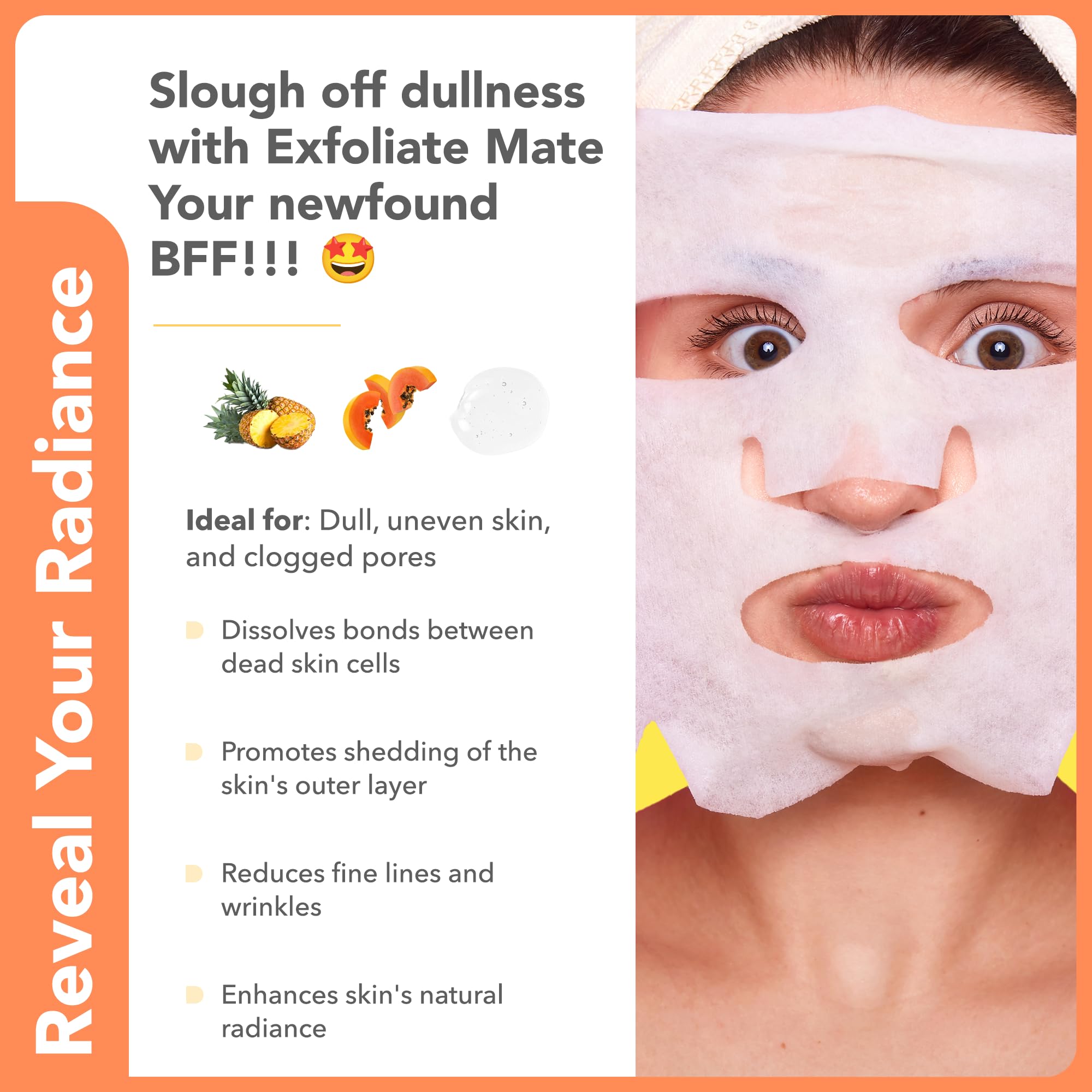 Patchology Exfoliating Face Mask - Exfoliate Mate Sheet Mask with Papaya and Pineapple gently unclogs pores and brightens skin,