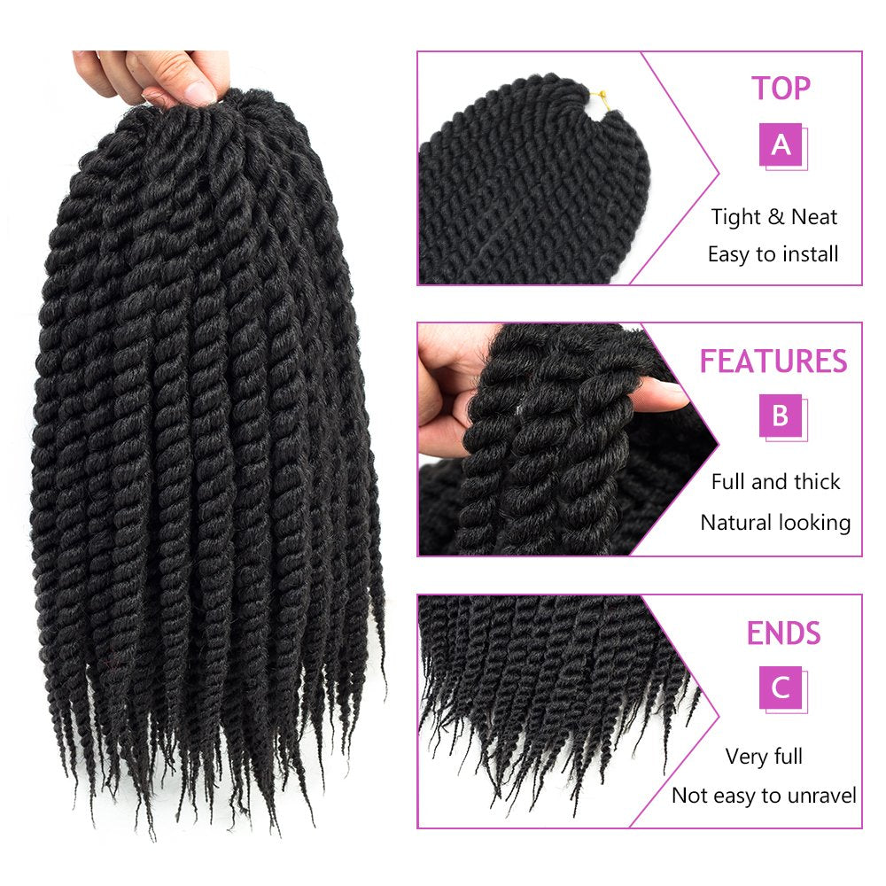 Admutty Havana Twist Crochet Hair 6 Packs 12 Inch Crochet Braids Senegalese Twist Crochet Braiding Hair (1B)