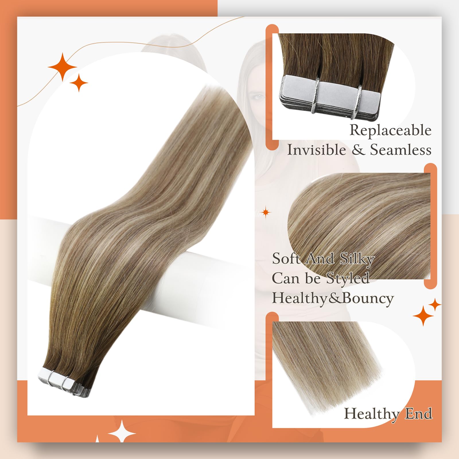 Full Shine 20 Inch Tape In Real Human Hair Balayage Color 3 Fading To 8 Highlighted 22 Medium Blonde Tape Hair Extensions Seamle