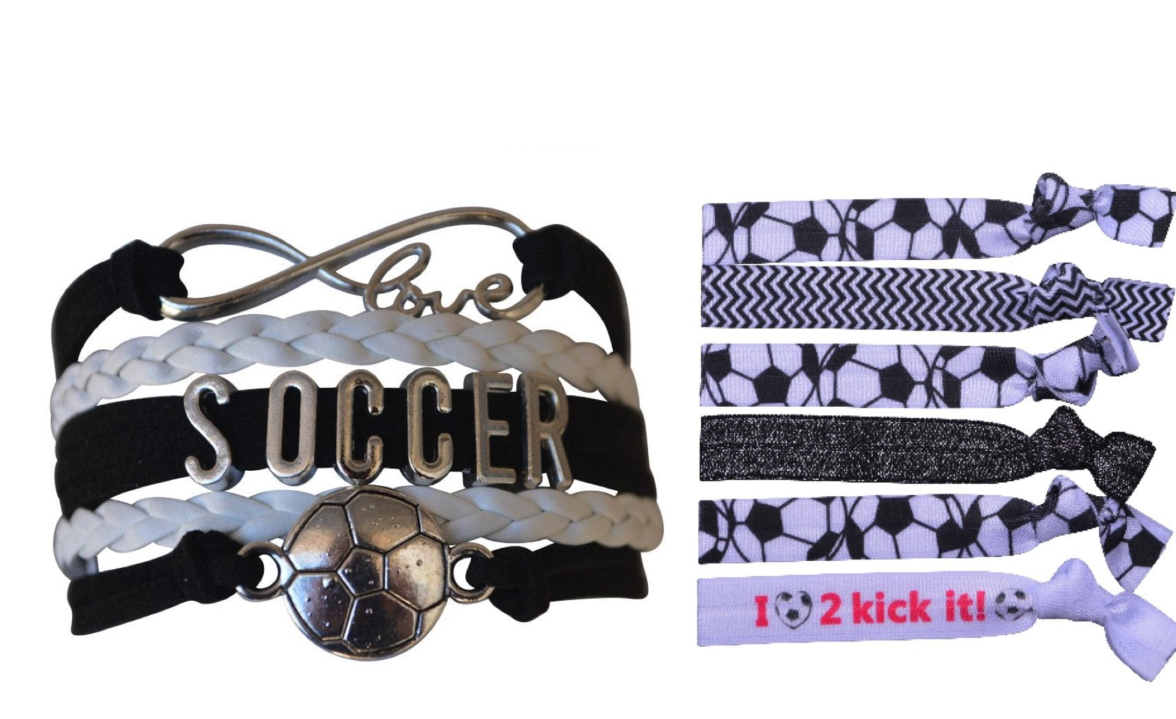 Sportybella Black Soccer Hair Ties & Silver Soccer Bracelet Set- Elastic Hair Ties, No Crease, No Tug Hair Elastics. Ideal Socce