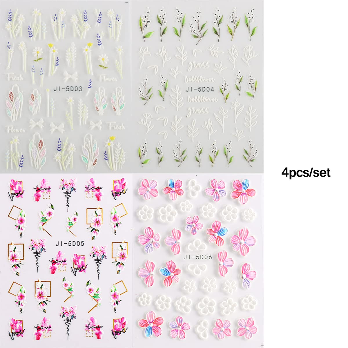 5D Flowers Nail Art Stickers 4 Sheets Pink Flowers Geometric Lines Decor Acrylic Embossed Sliders Gold Strips Nail Decals Acryli