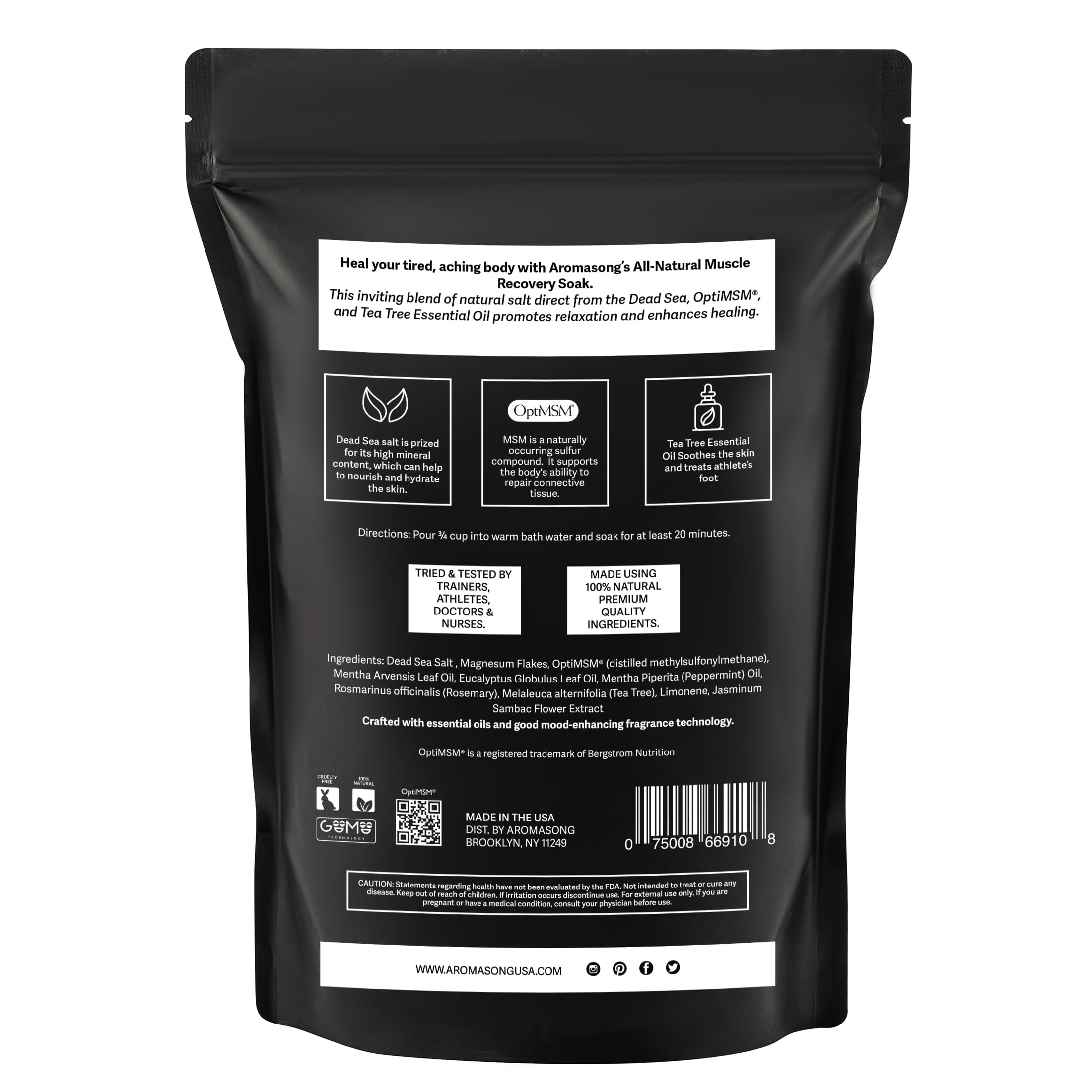 Aromasong Muscle Recovery Bath Soak 3 LB - Natural Bath Salt with Dead Sea Salt, Pure MSM, Magnesium Flakes & Essential Oils for