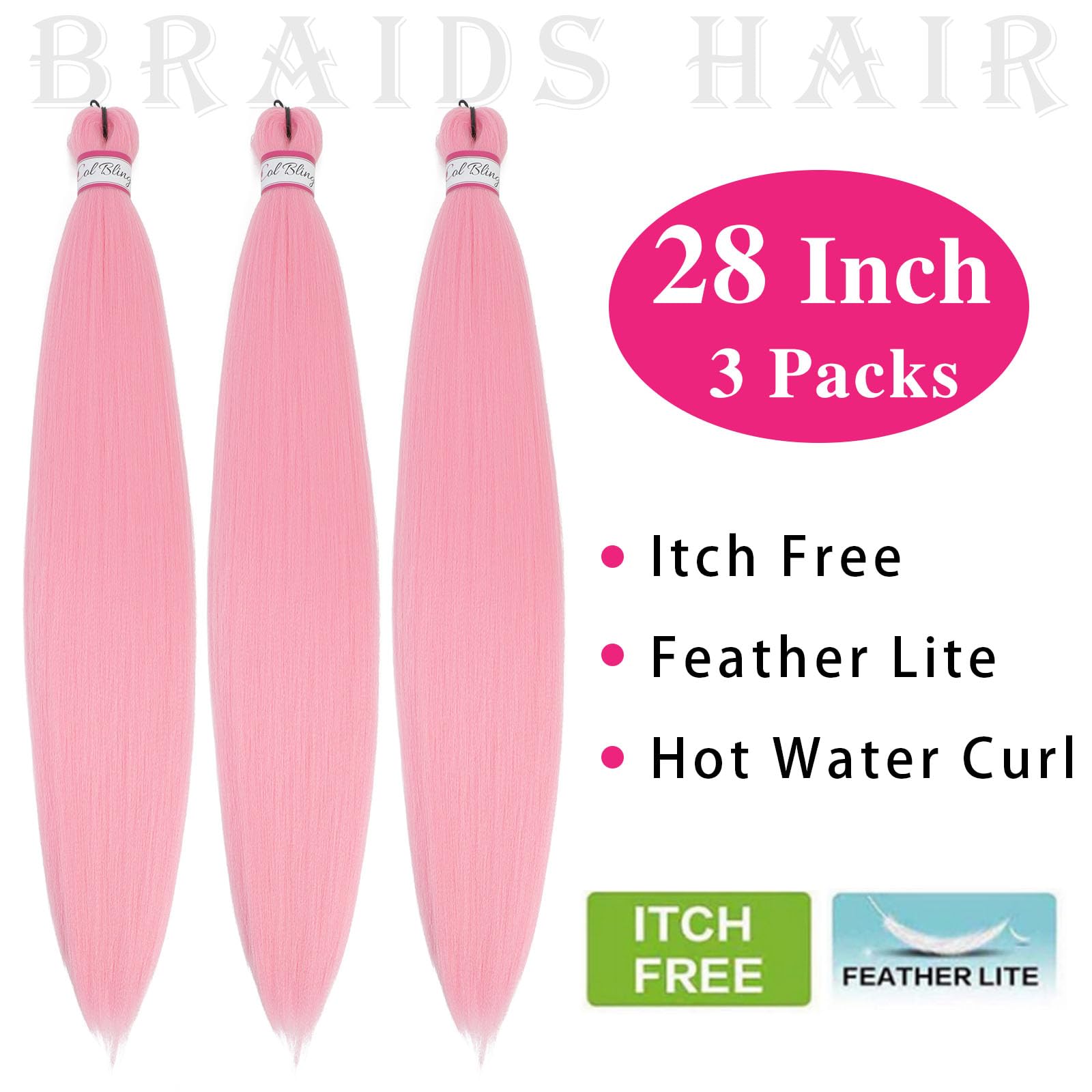 Col Bling Pink Braiding Hair Pre Stretched - 28 Inch 3 Pack Long Braid Hair Extensions For Women Box Braids Hair Yaki Texture Pr