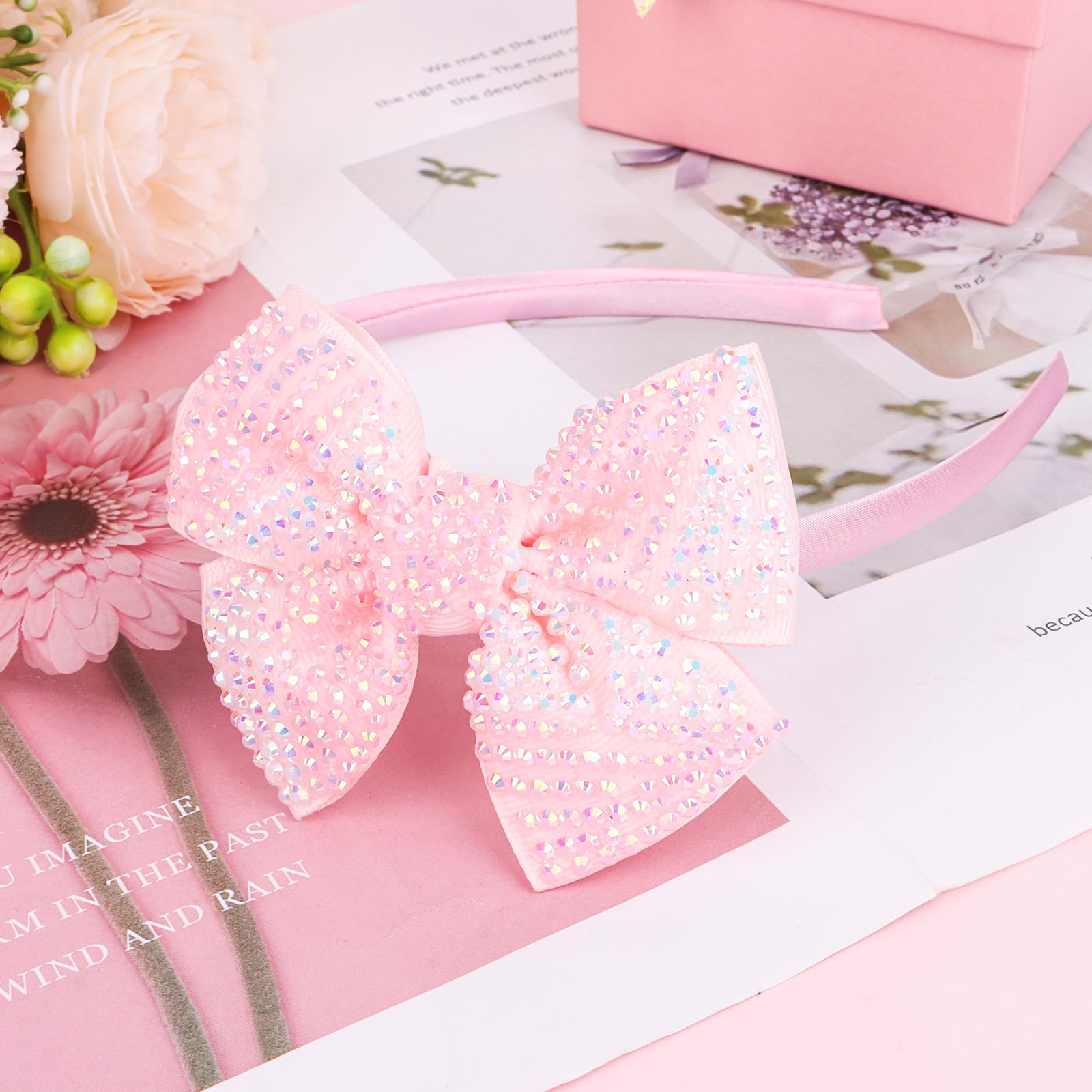 CIEHER Sparkling Rhinestone Bow Headbands - Pink Hairbands for Girls' Costume Accessories