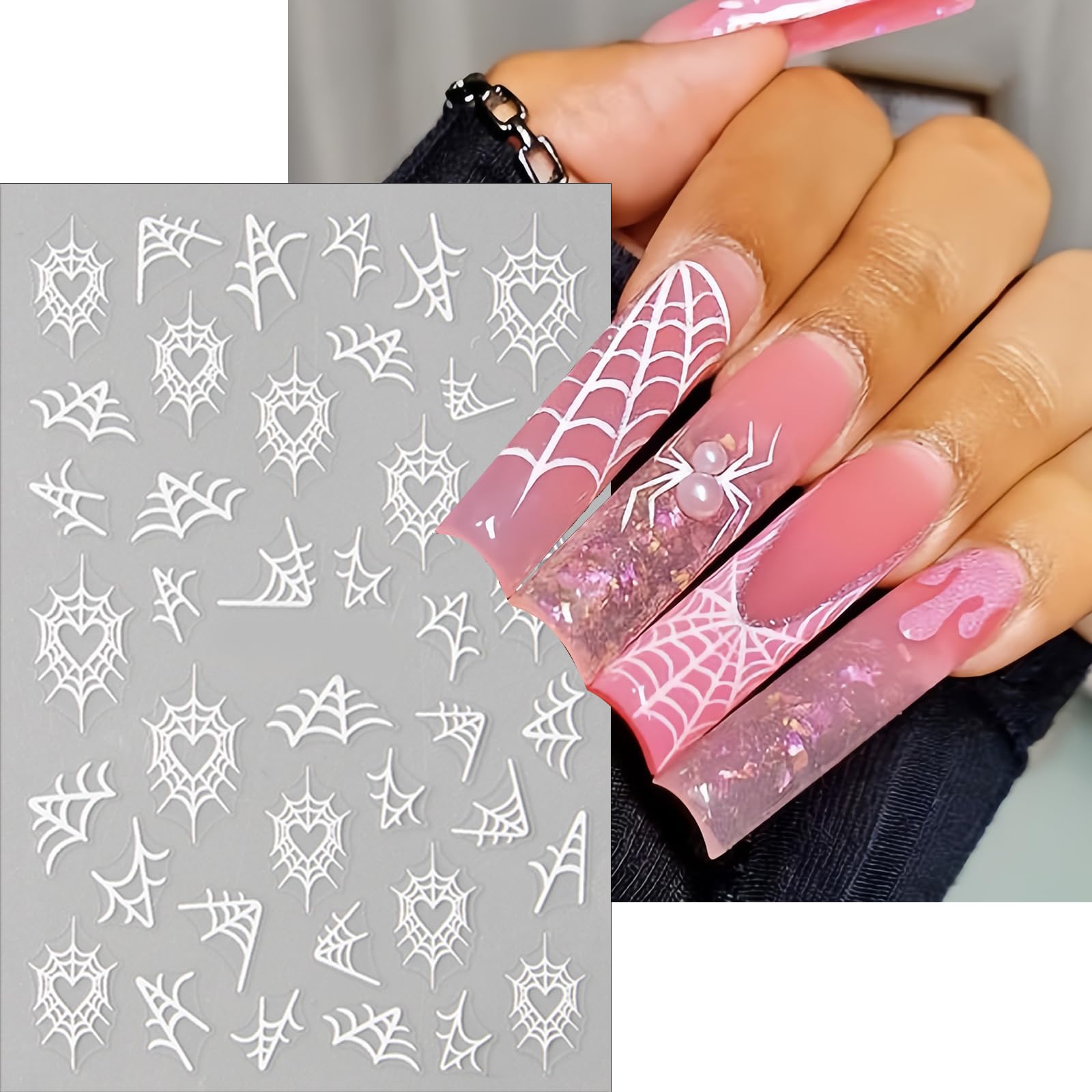 8 Sheets Spider Web Nail Art Stickers 3D Self-Adhesive Spiders Nail Decals Scary Spider Skull Bat Ghost Nail Supplies Black Whit