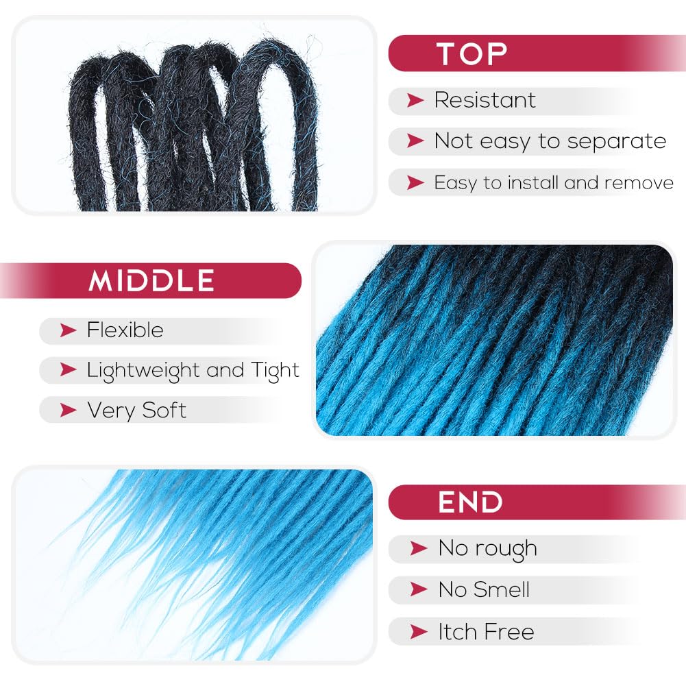 Kraler 18 Inch Blue Double Ended Dreadlock Extensions, 20 Strands Handmade Synthetic DE Dreads Extensions, Thin 0.6cm Width Regg