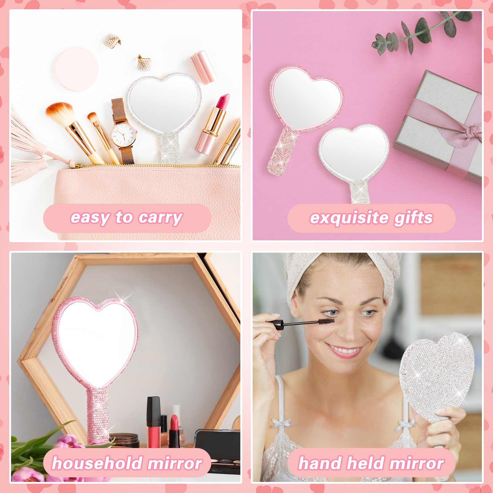 Tatuo 2 Pcs Rhinestone Mirror Handheld Bling Heart Lip Shaped Mirror Glitter Cosmetic Hand Mirror With Handle Portable Cute Trav