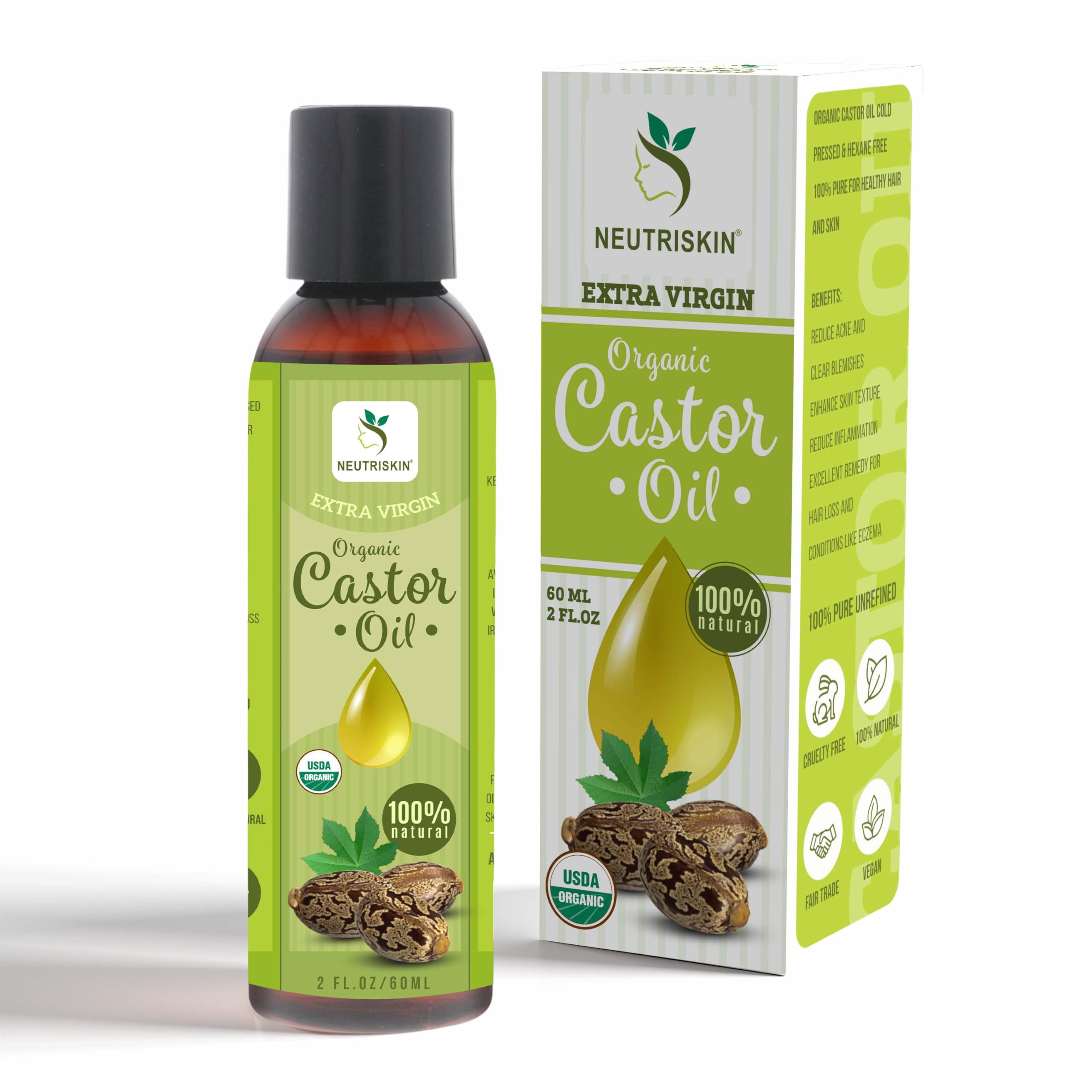 NEUTRISKIN Organic Castor Oil for Hair Growth, Skin & Scalp Care | USDA Certified, 100% Pure ColdPressed, HexaneFree, Unscente