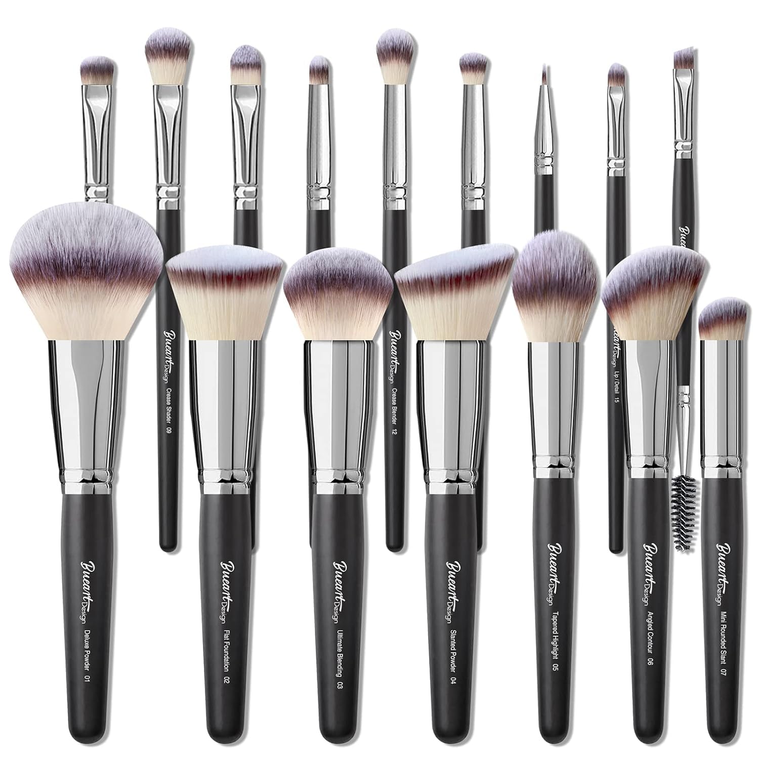 Bueart Design 16Pcs Ultra Soft Black Labeled Makeup Brushes Set Contains Large Powder Flat Foundation Blending Blush Face Contou