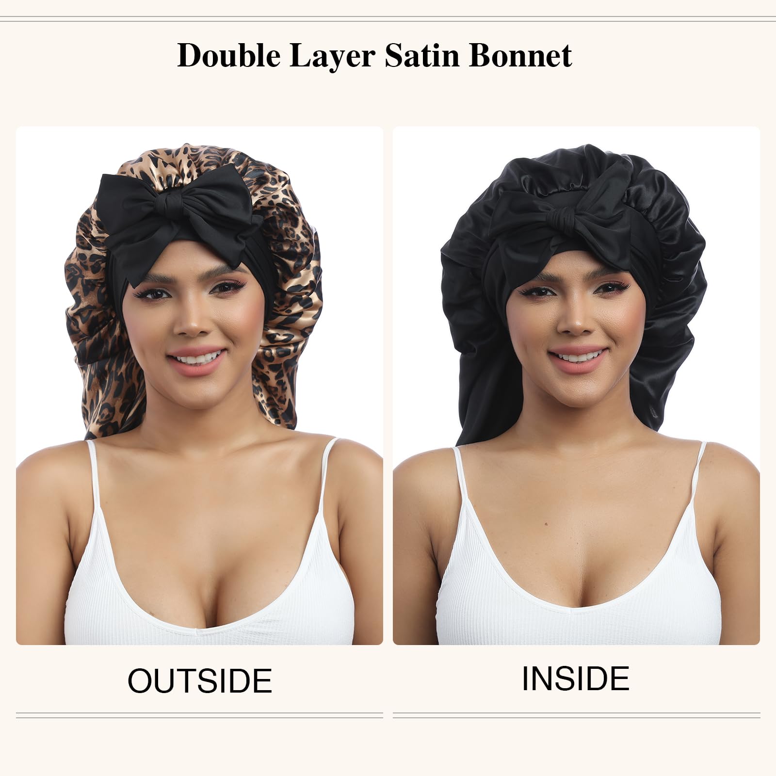 Awaytr Long Satin Bonnet For Women - Double Layer Elastic Silk Bonnet For Braids Hair Sleeping Cap With Tie Band (Leopard)