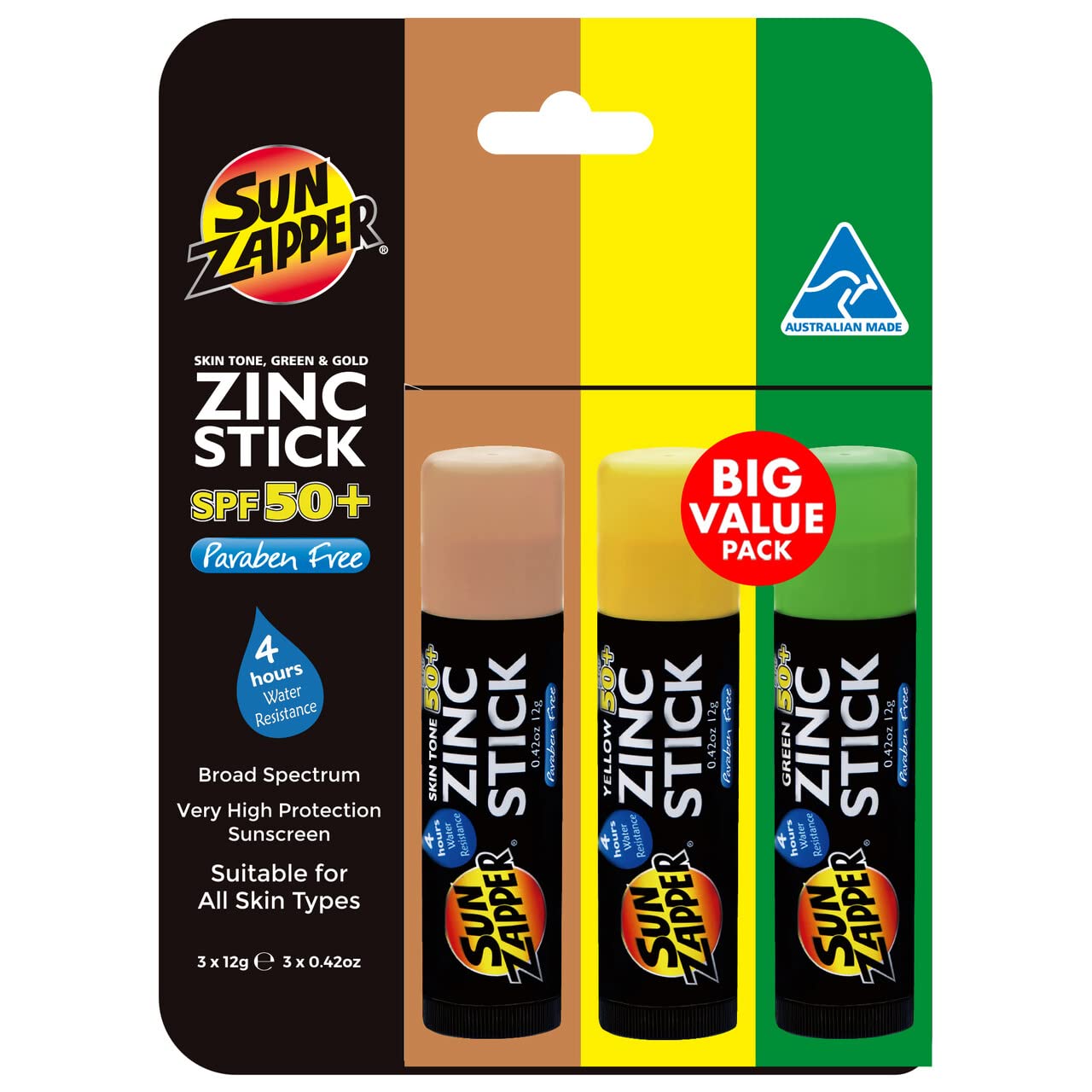 Sun Zapper Zinc Oxide Sunscreen - Skin Tone, Green & Gold - Spf 50+ Very High Sun Protection Waterproof Sunblock For Face & Body