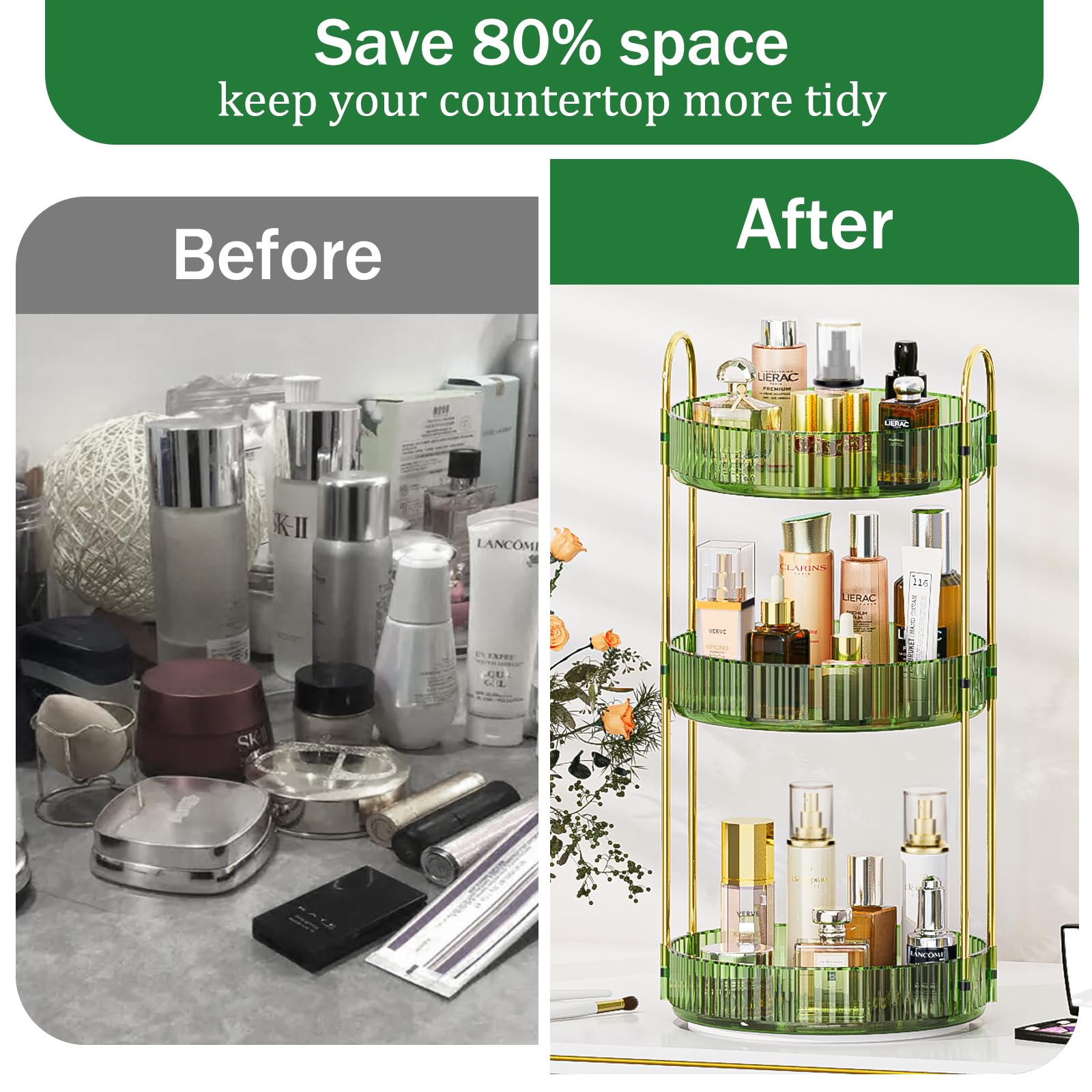 Mokani 360 Rotating Makeup Organizer for Vanity, 3 Tier Adjustable Perfume Organizer for Dresser, Multi-Function Spinning Cosmet