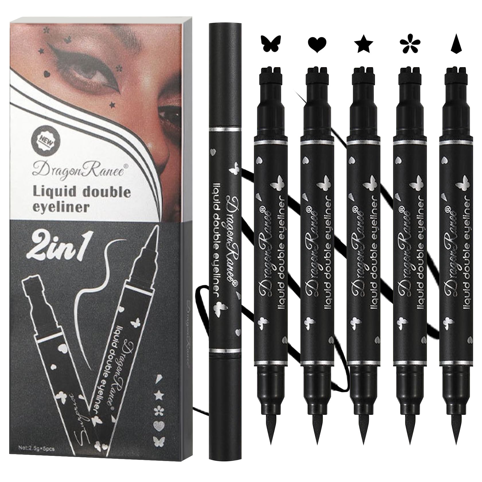 Duozeng 5 Pcs Black Liquid Winged Eyeliner Stamp Pen Makeup Tools,Double-Side Eyeliner Stamps Pencil Set,Waterproof & Long Lasti