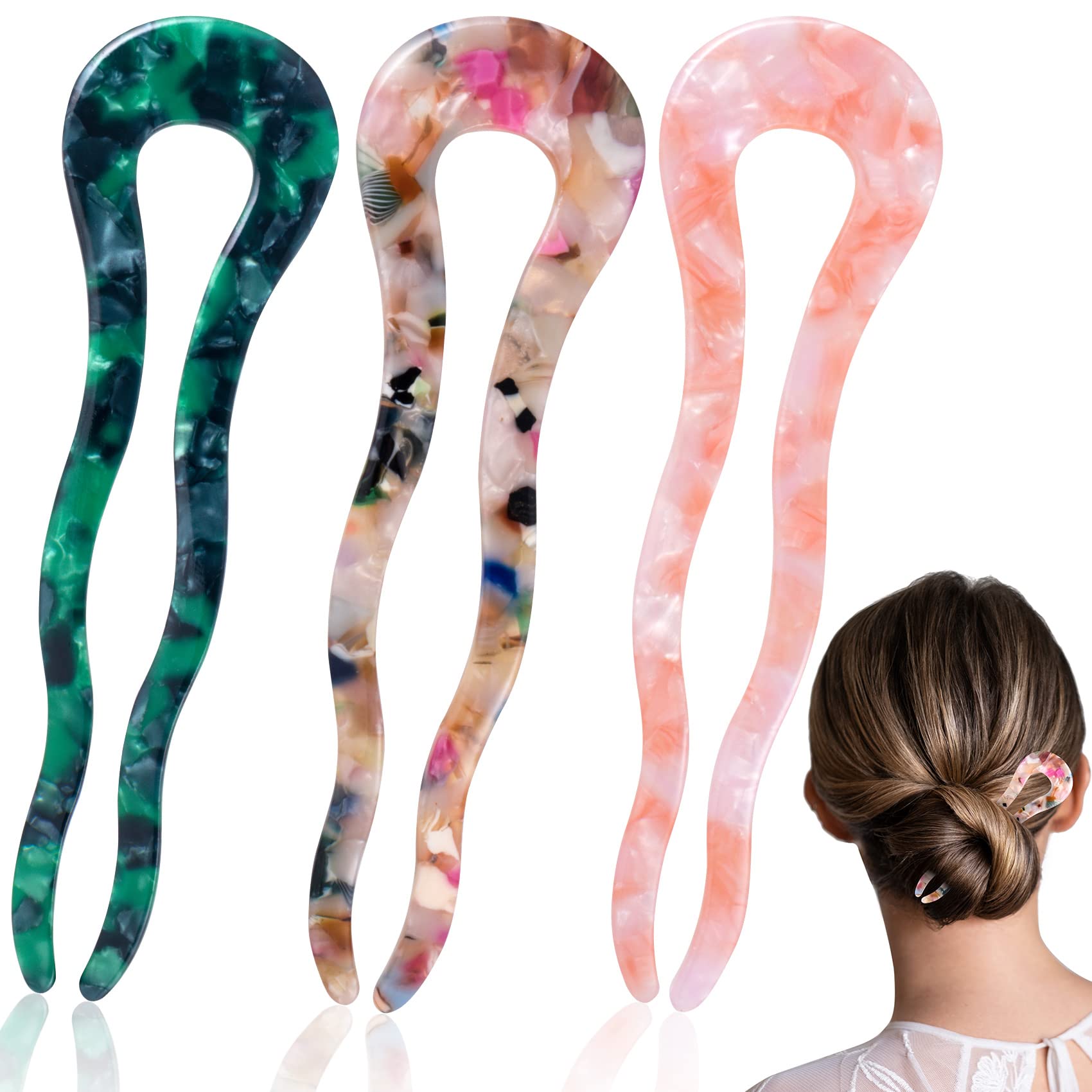 OIIKI 3pcs French U Shaped Hair Forks Pins Sticks for Buns Thick Long Hair, 4.5inch Large Wavy French Hair Pins, Tortoise Shell 