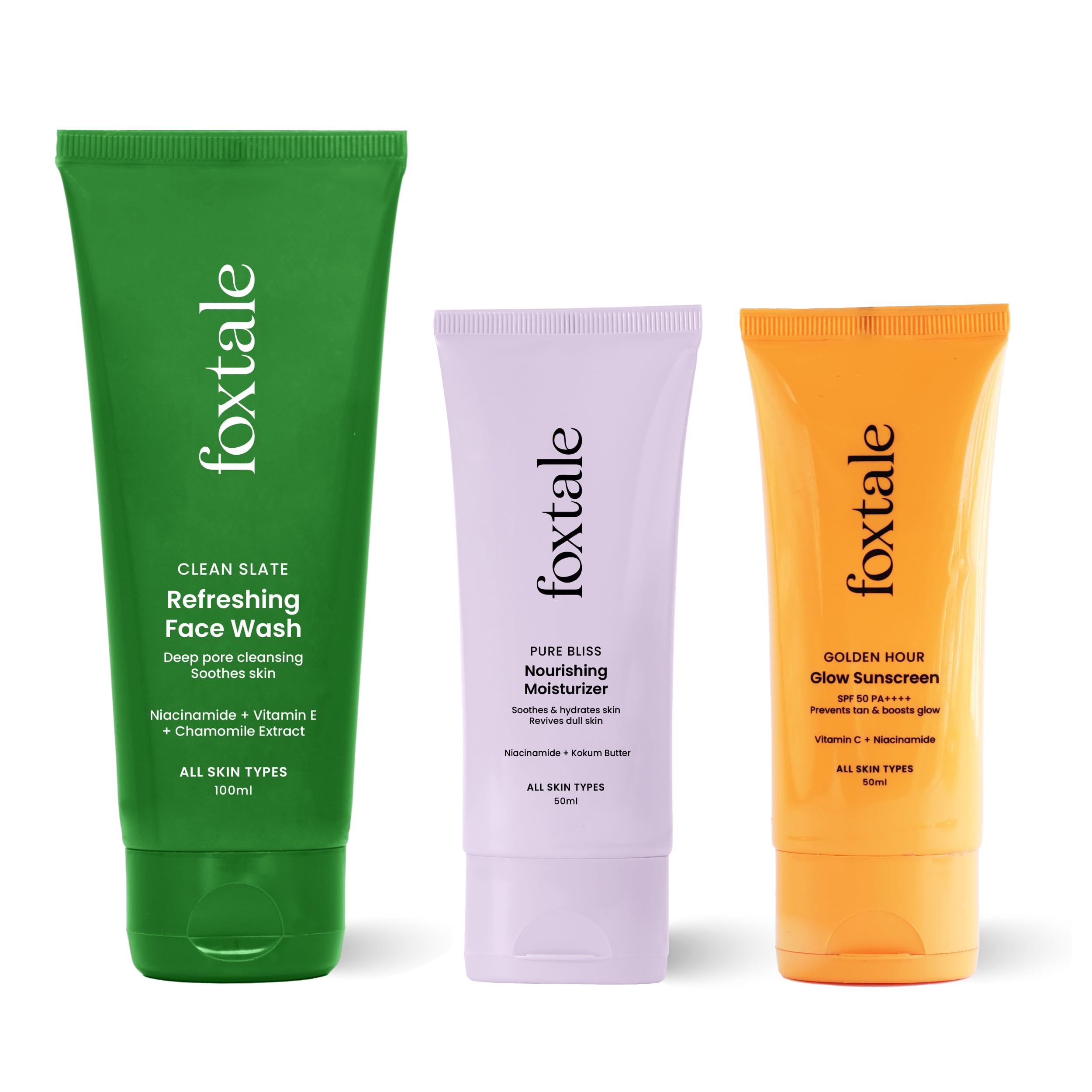 Foxtale Skincare Starter Kit, Skincare Beginners, Moisturized And Glowing Skin With Refreshing Face Wash - 100Ml, Nourishing Moi