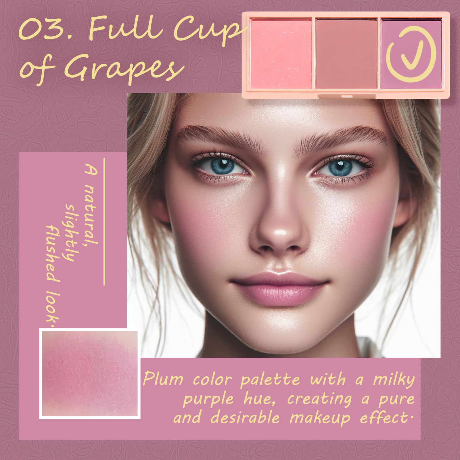3 Color Matte Pink Blush Palette With Brush, Long Lasting Cheek Makeup, Light And Smooth Blush Powder For Face Beauty